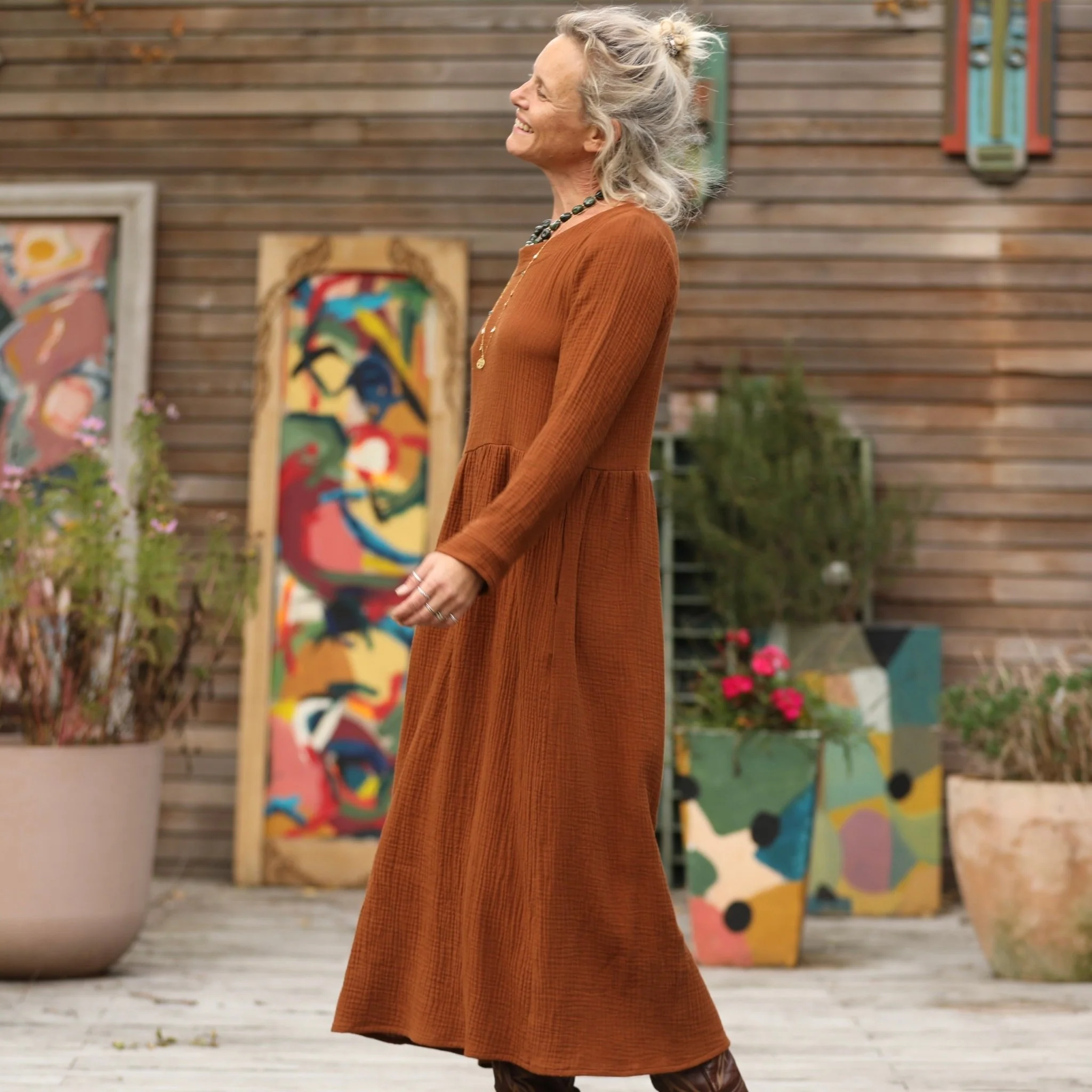 Robe Anaëlle - Double gaze de coton Camel - Image 4