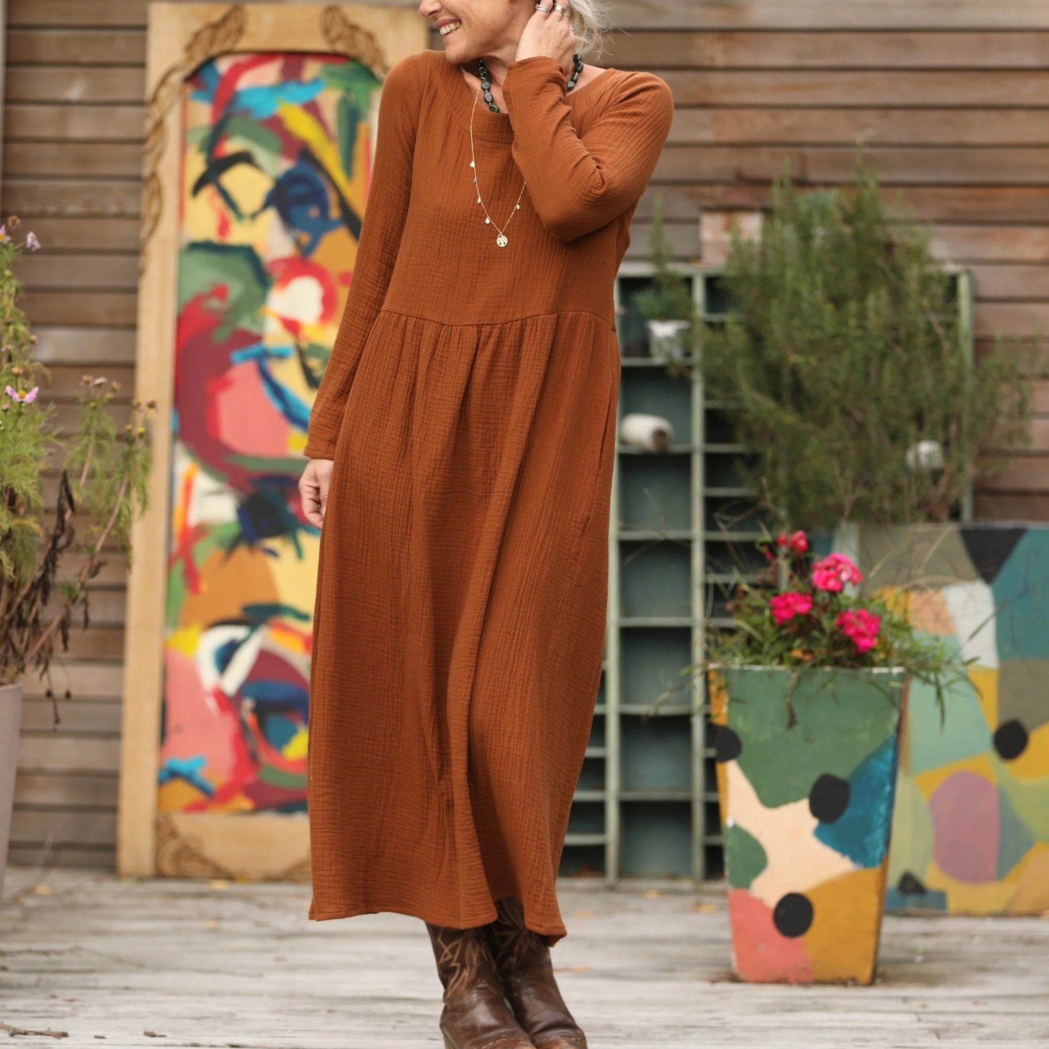 Robe Anaëlle - Double gaze de coton Camel - Image 8