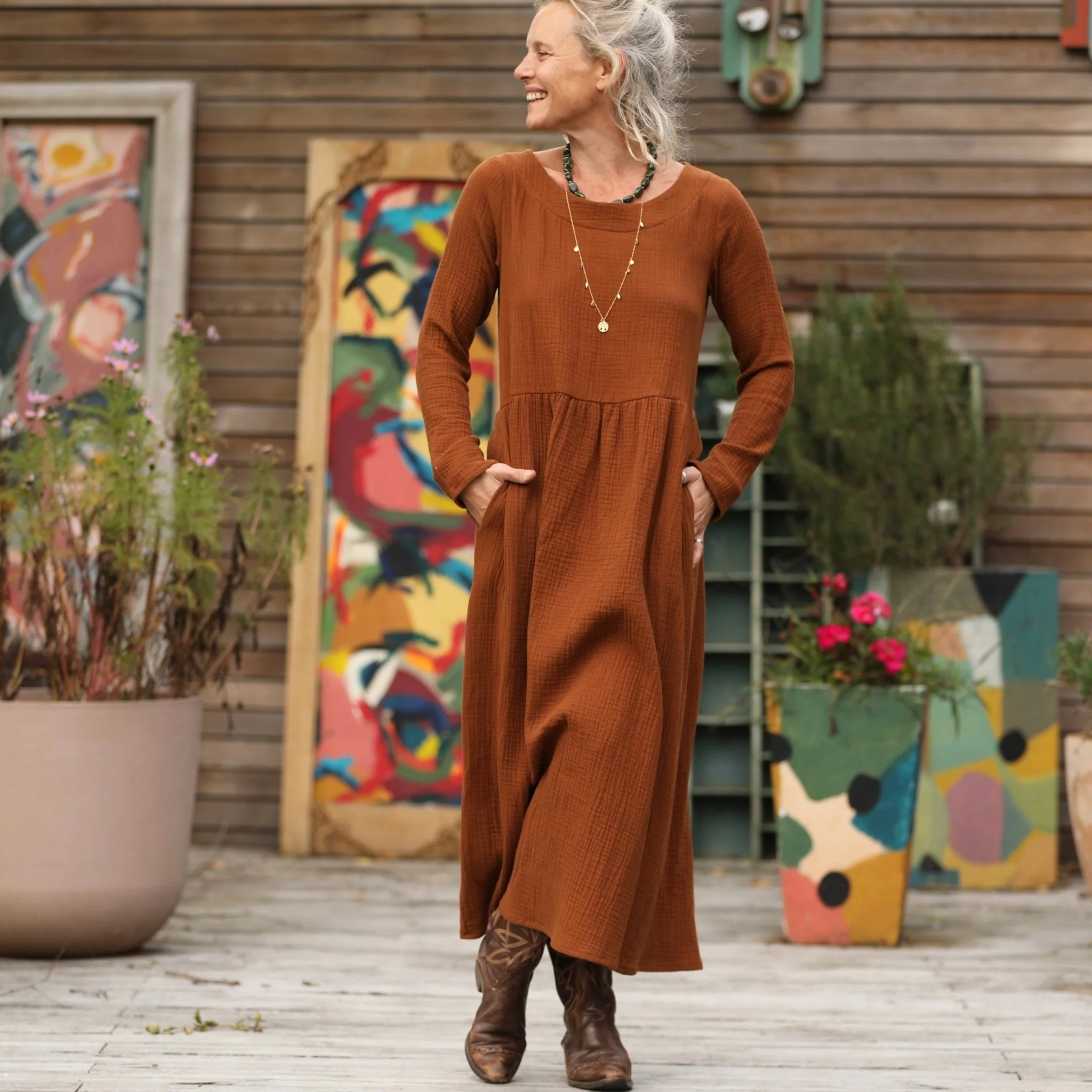 Robe Anaëlle - Double gaze de coton Camel - Image 9