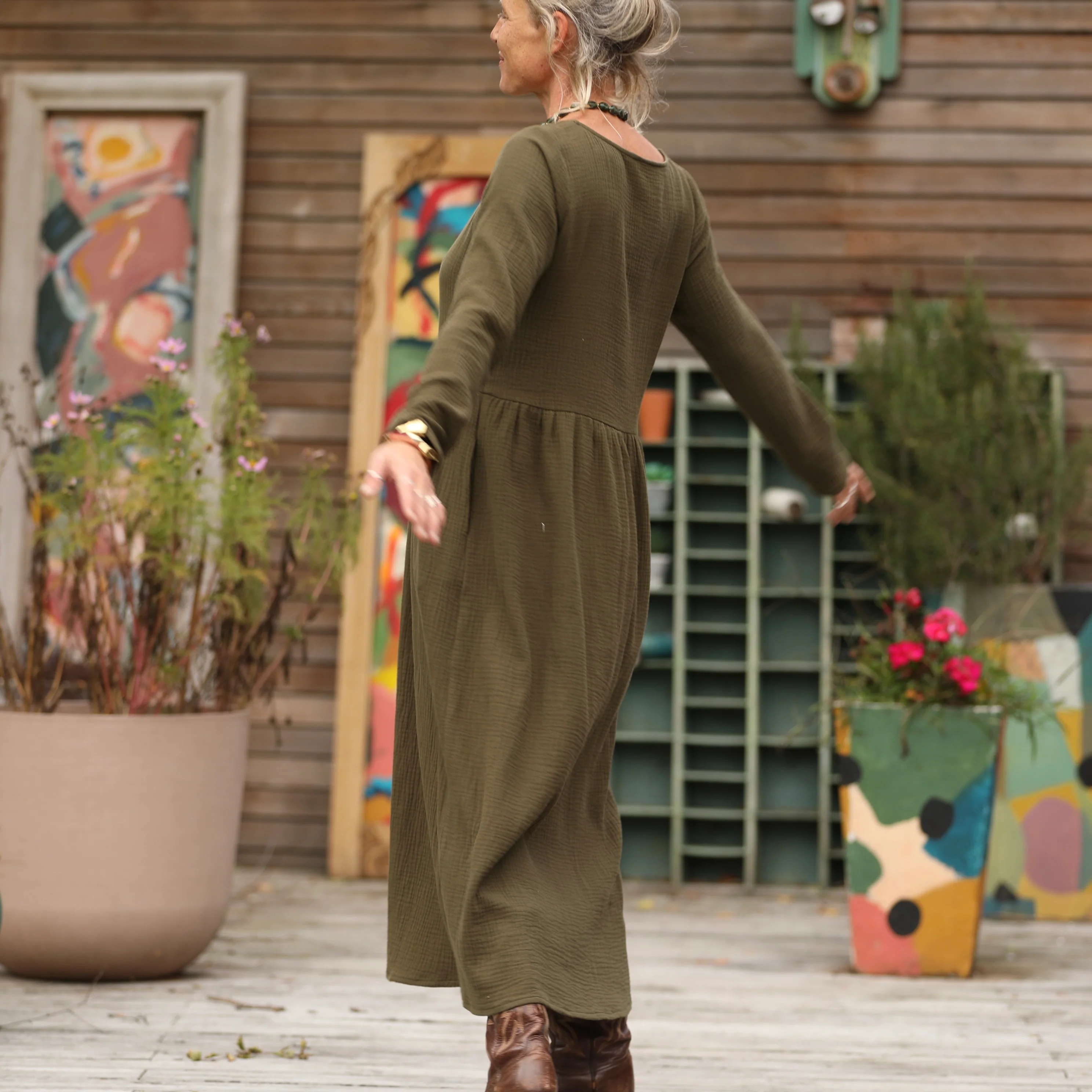 Robe Anaëlle - Double gaze de coton kaki - Image 3