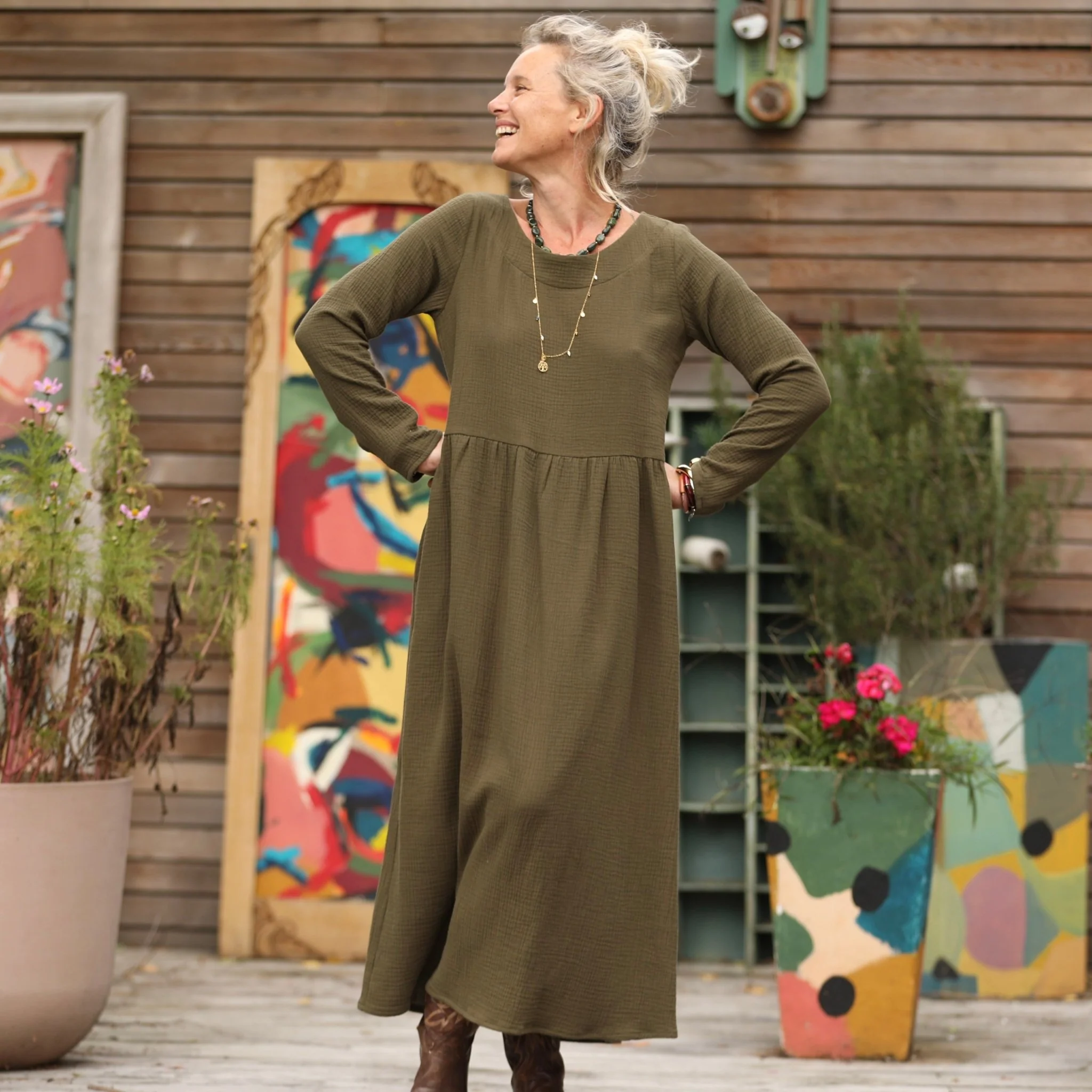 Robe Anaëlle - Double gaze de coton kaki - Image 6