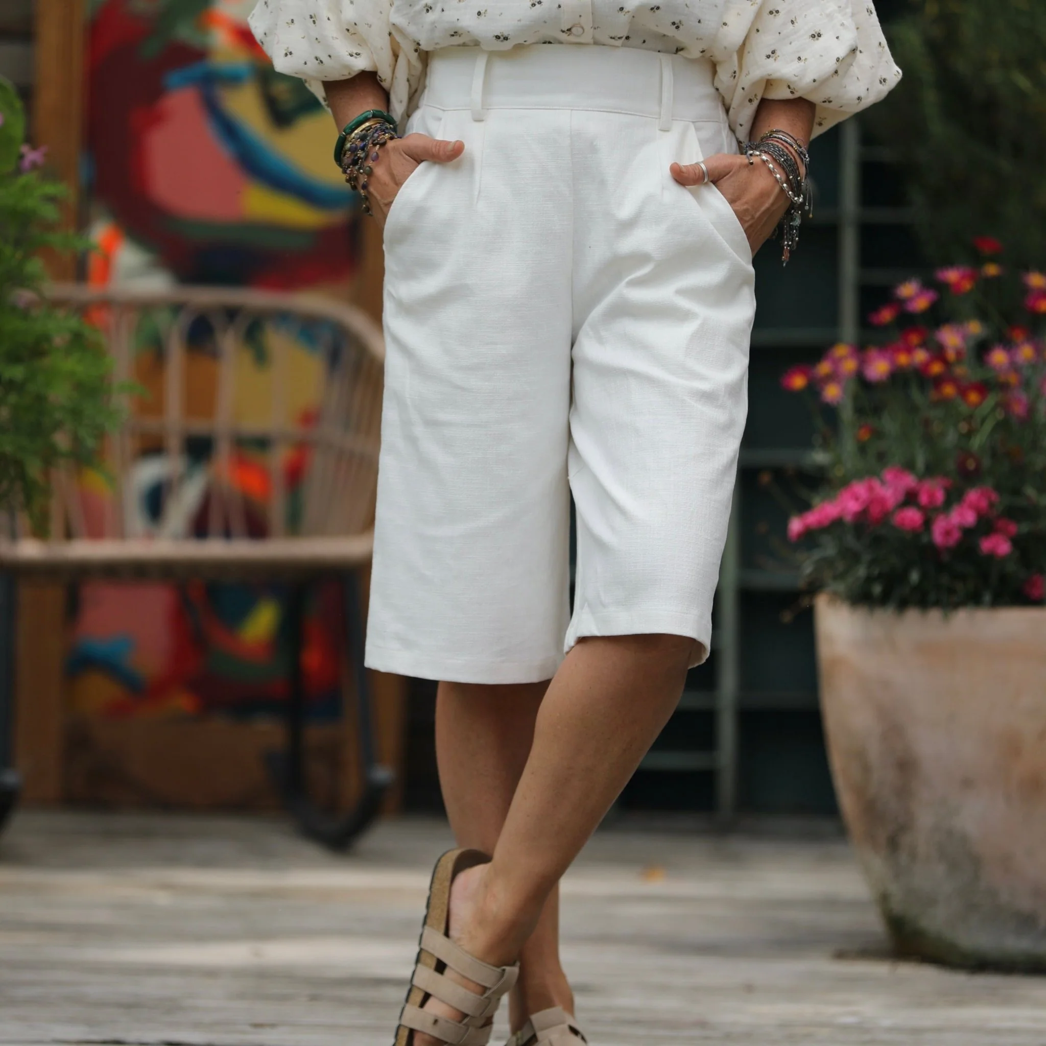 Bermuda Tomi - Toile coton/lin blanc cassé - Image 3
