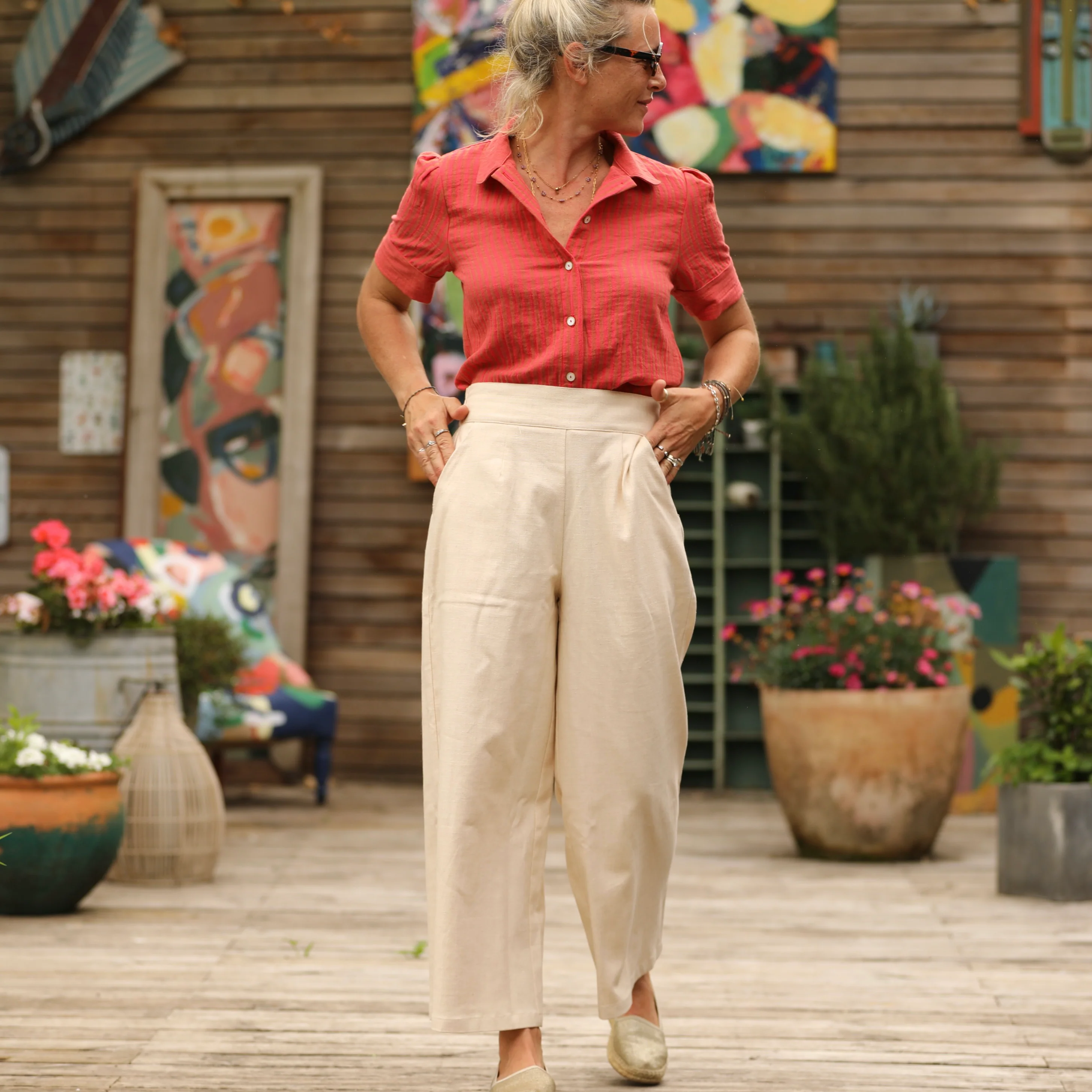 Blouse Amandine - double gaze de coton corail/camel - Image 3