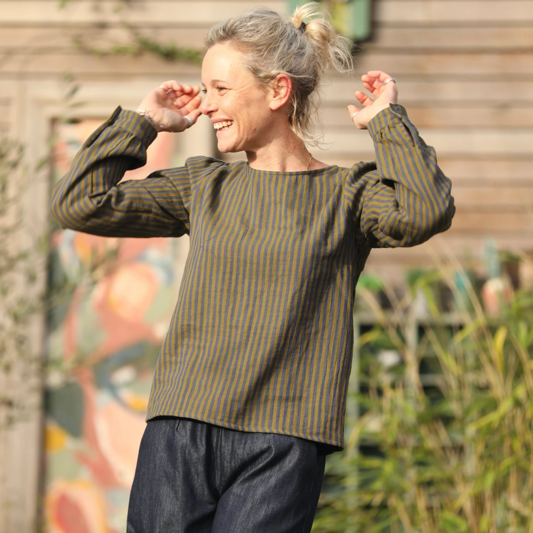 Blouse Amarante - double gaze de coton rayée kaki/marine