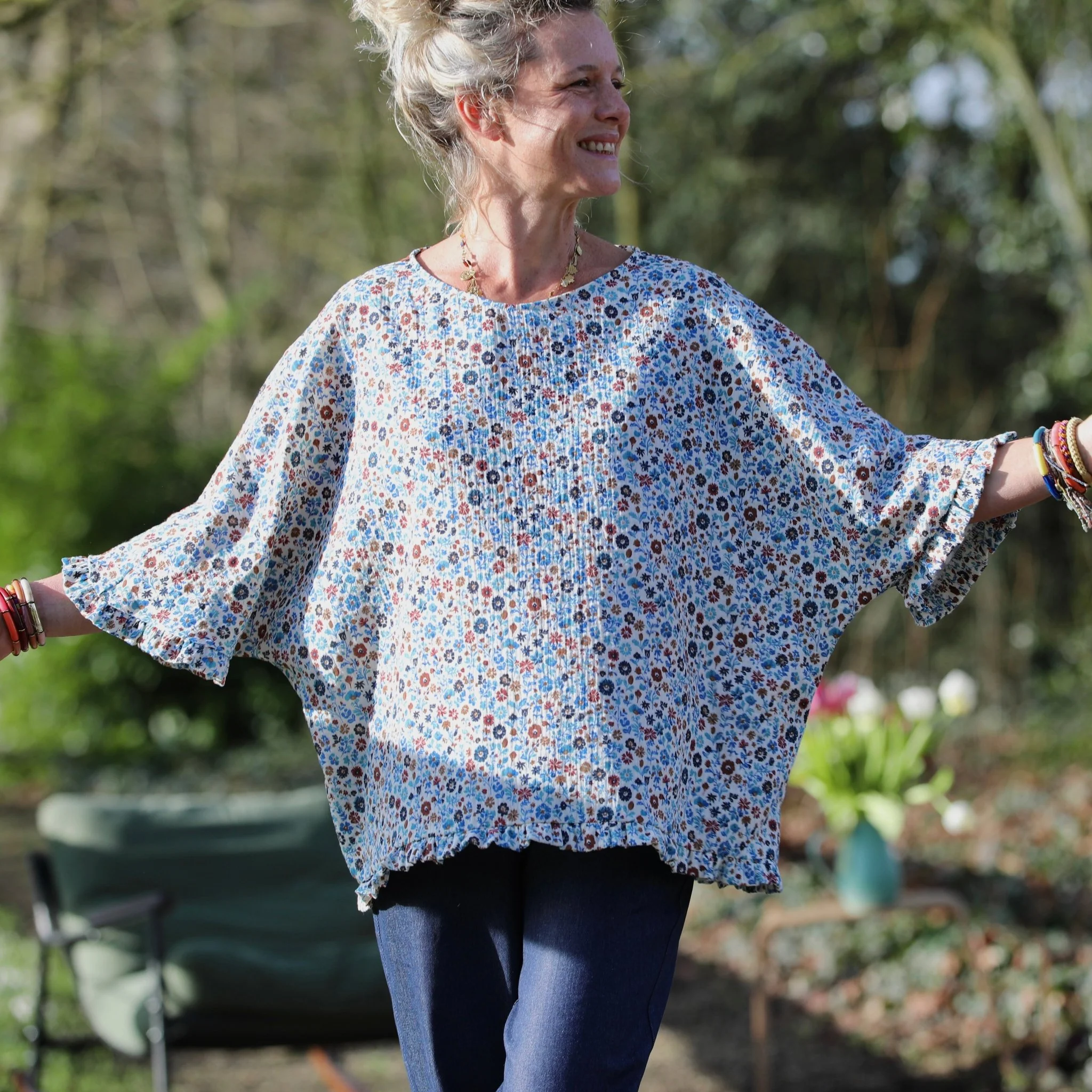 Blouse Annette - Double gaze de coton fleurettes bleues