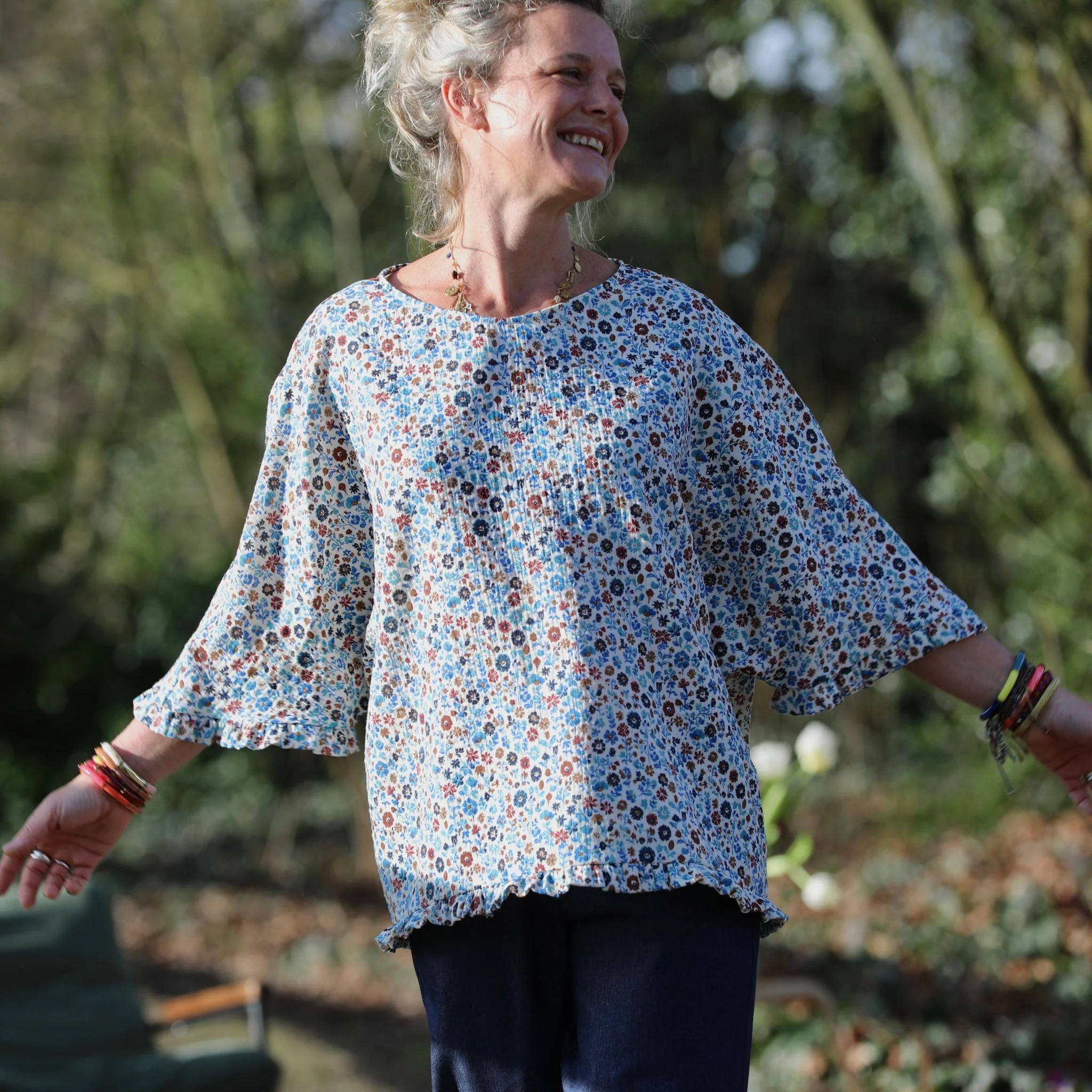 Blouse Annette - Double gaze de coton fleurettes bleues - Image 6