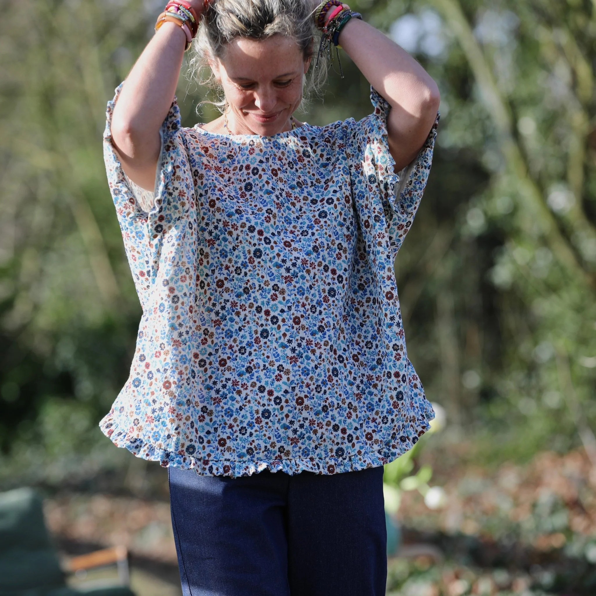 Blouse Annette - Double gaze de coton fleurettes bleues - Image 8