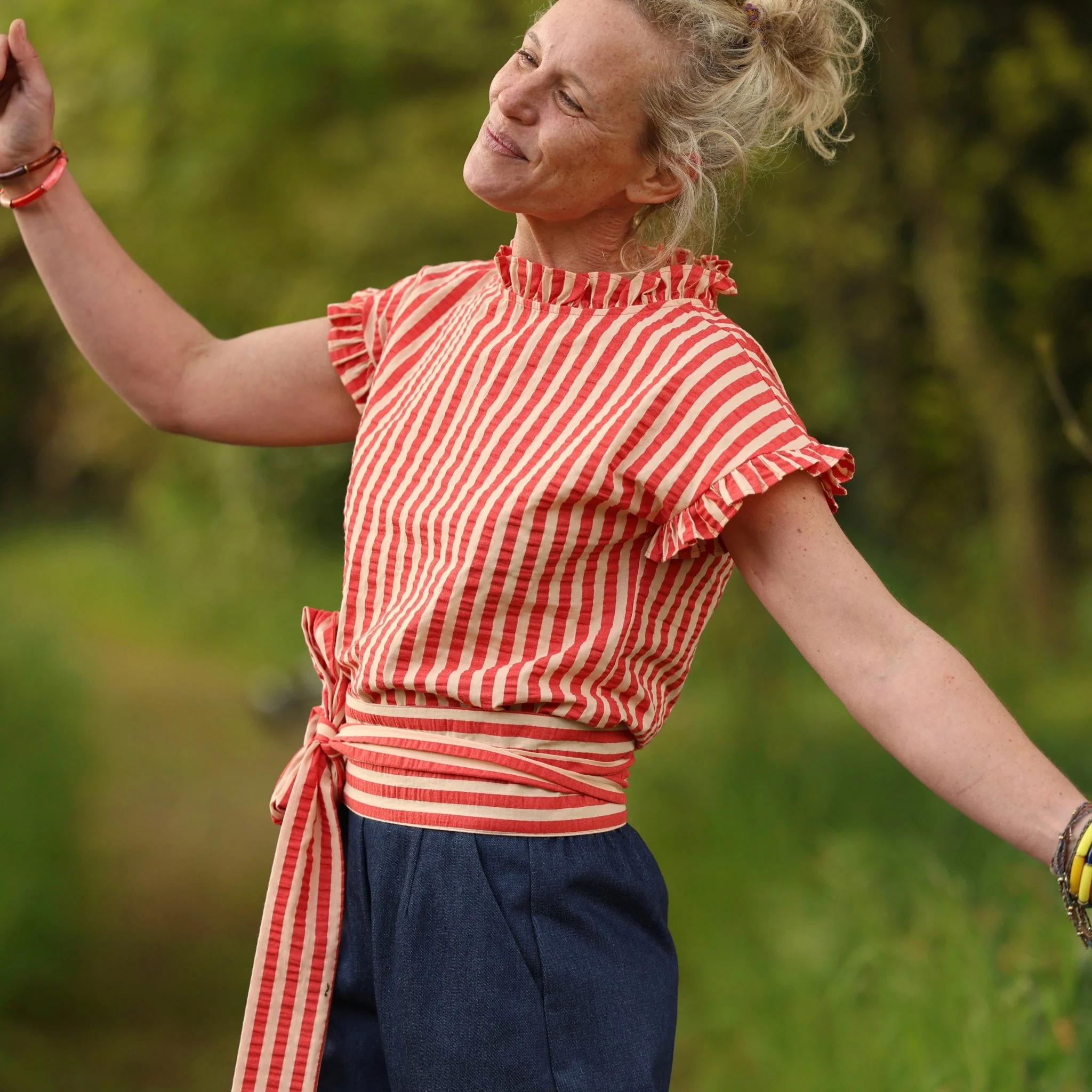 Blouse Camélia – Seersucker rayé rouge orangé