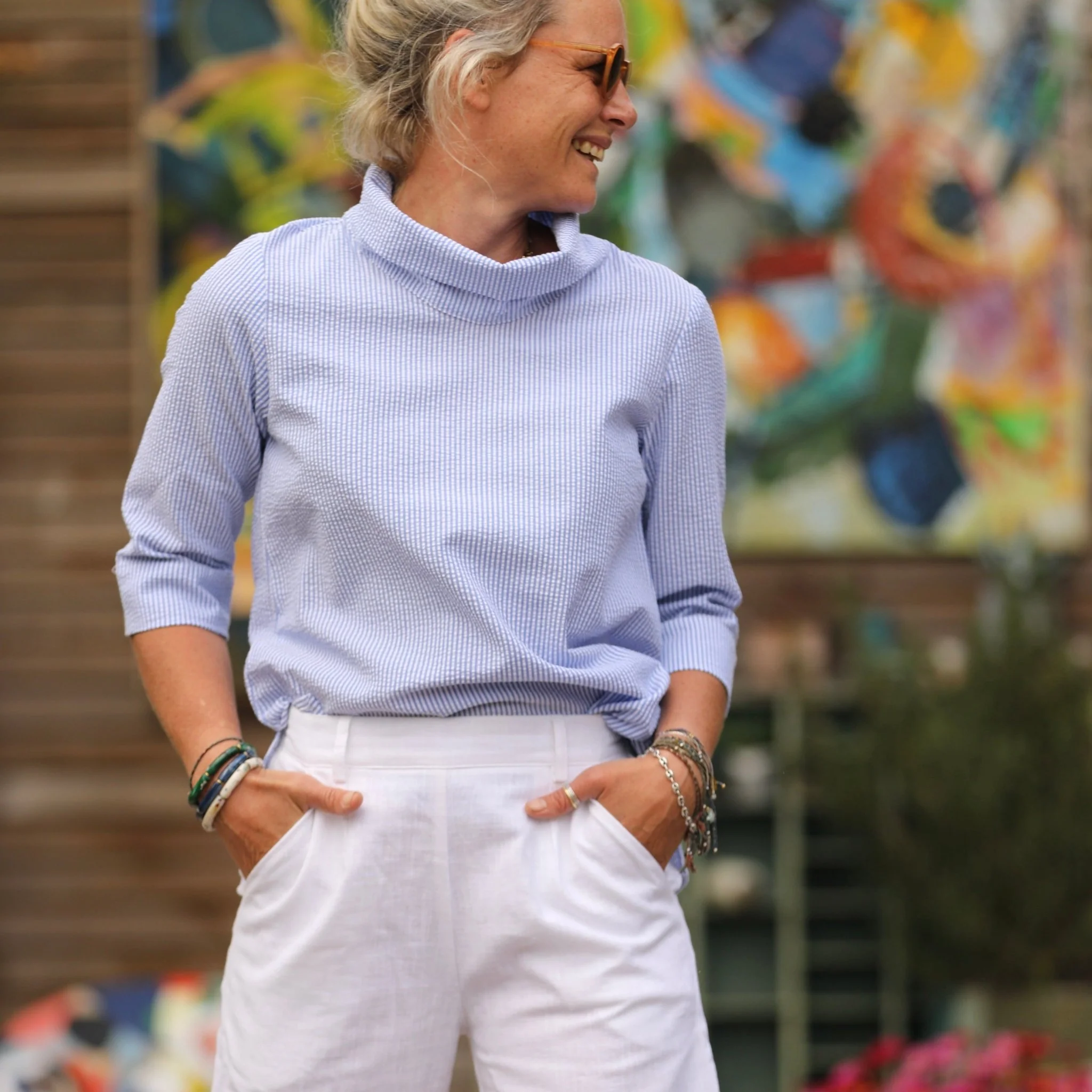 Blouse Catherine en seersucker de coton bleu/blanc - Image 3
