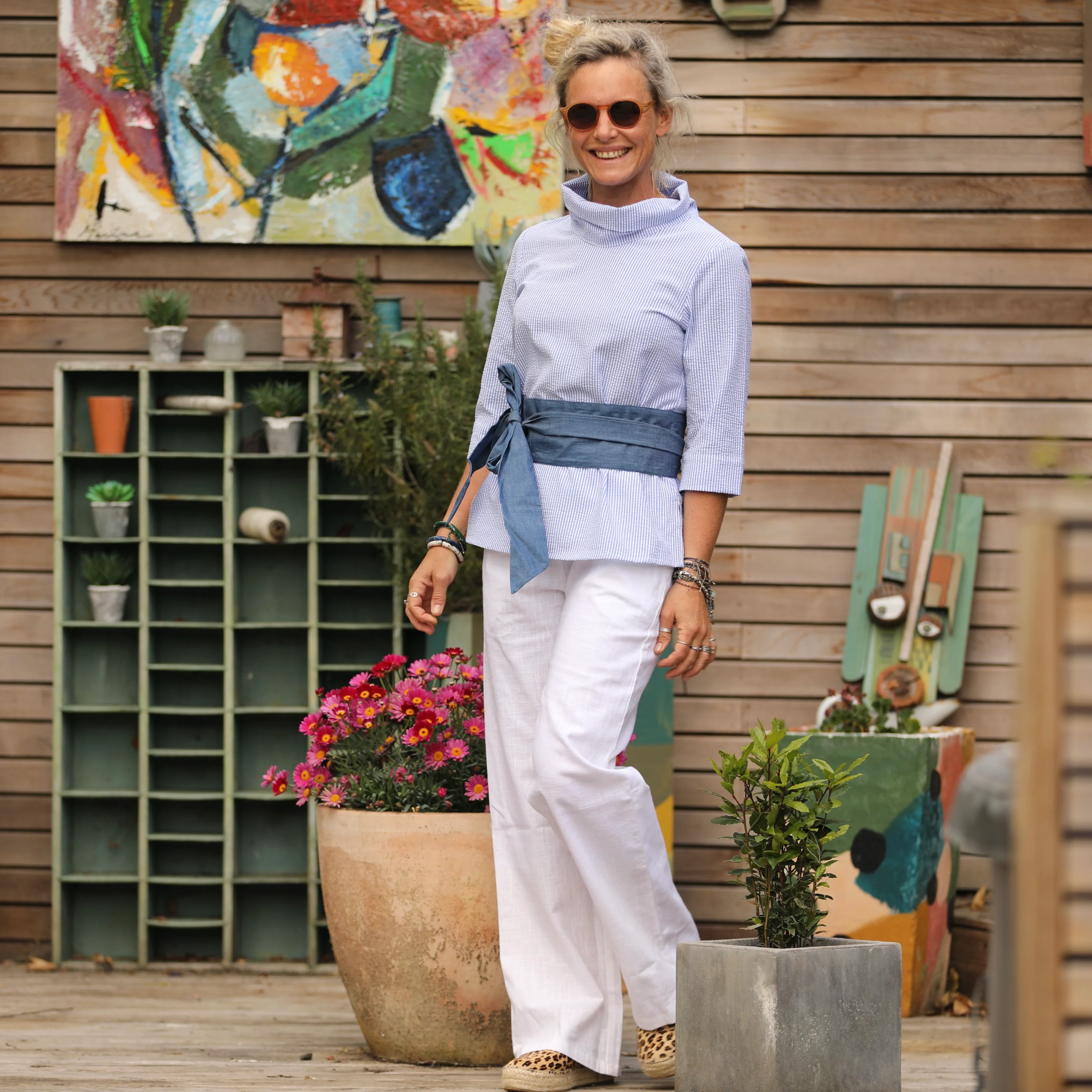 Blouse Catherine en seersucker de coton bleu/blanc - Image 5