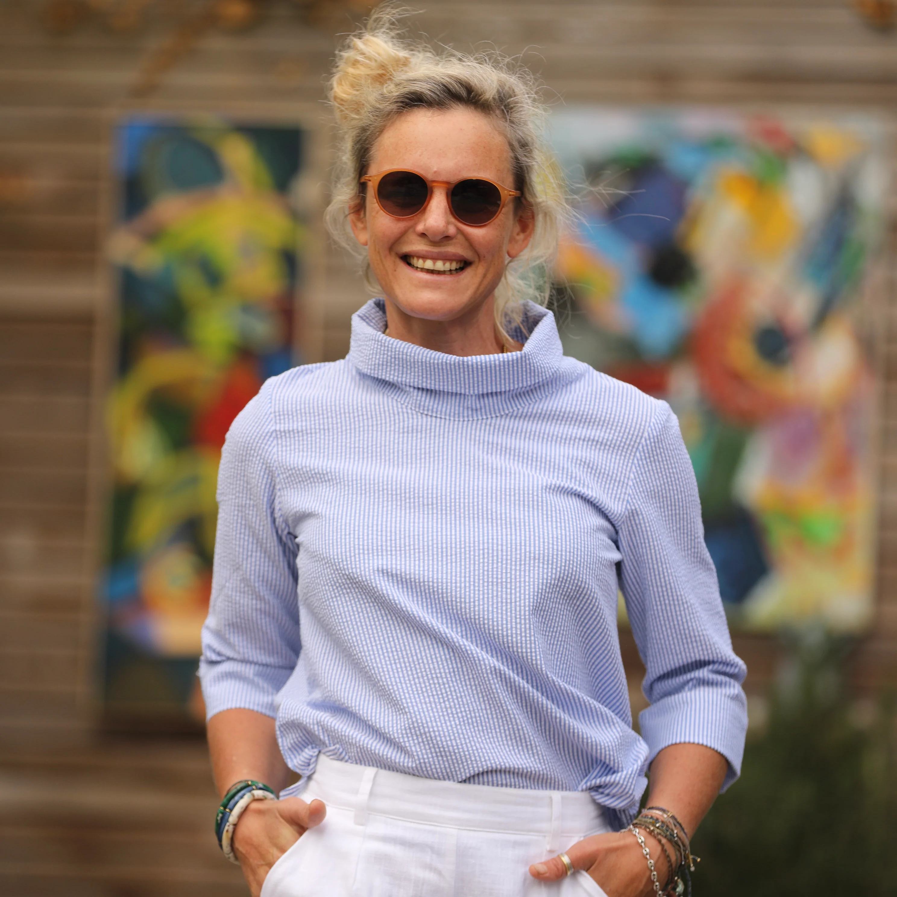 Blouse Catherine en seersucker de coton bleu/blanc - Image 7