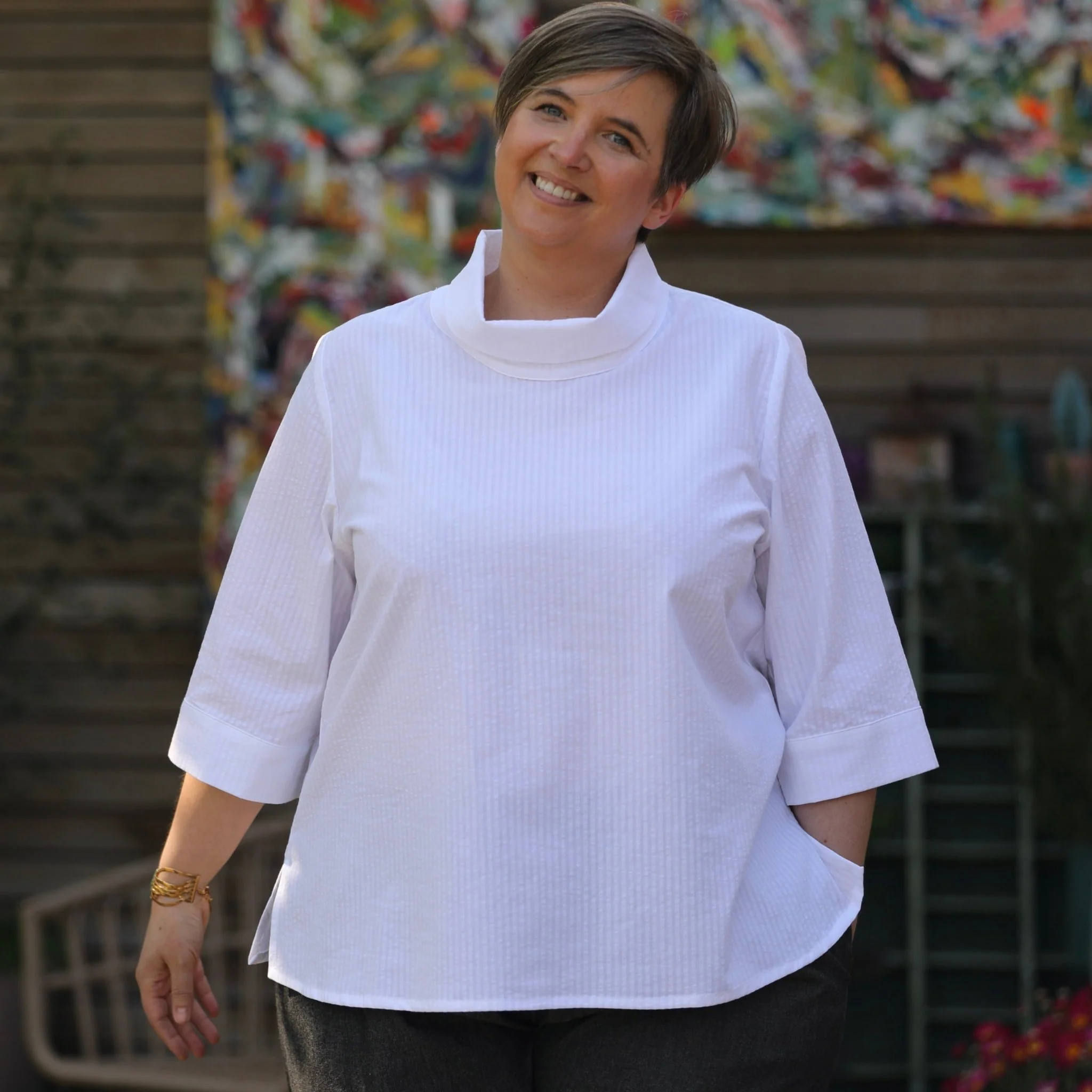 Blouse Catherine en seersucker de coton turquoise/blanc - Image 8