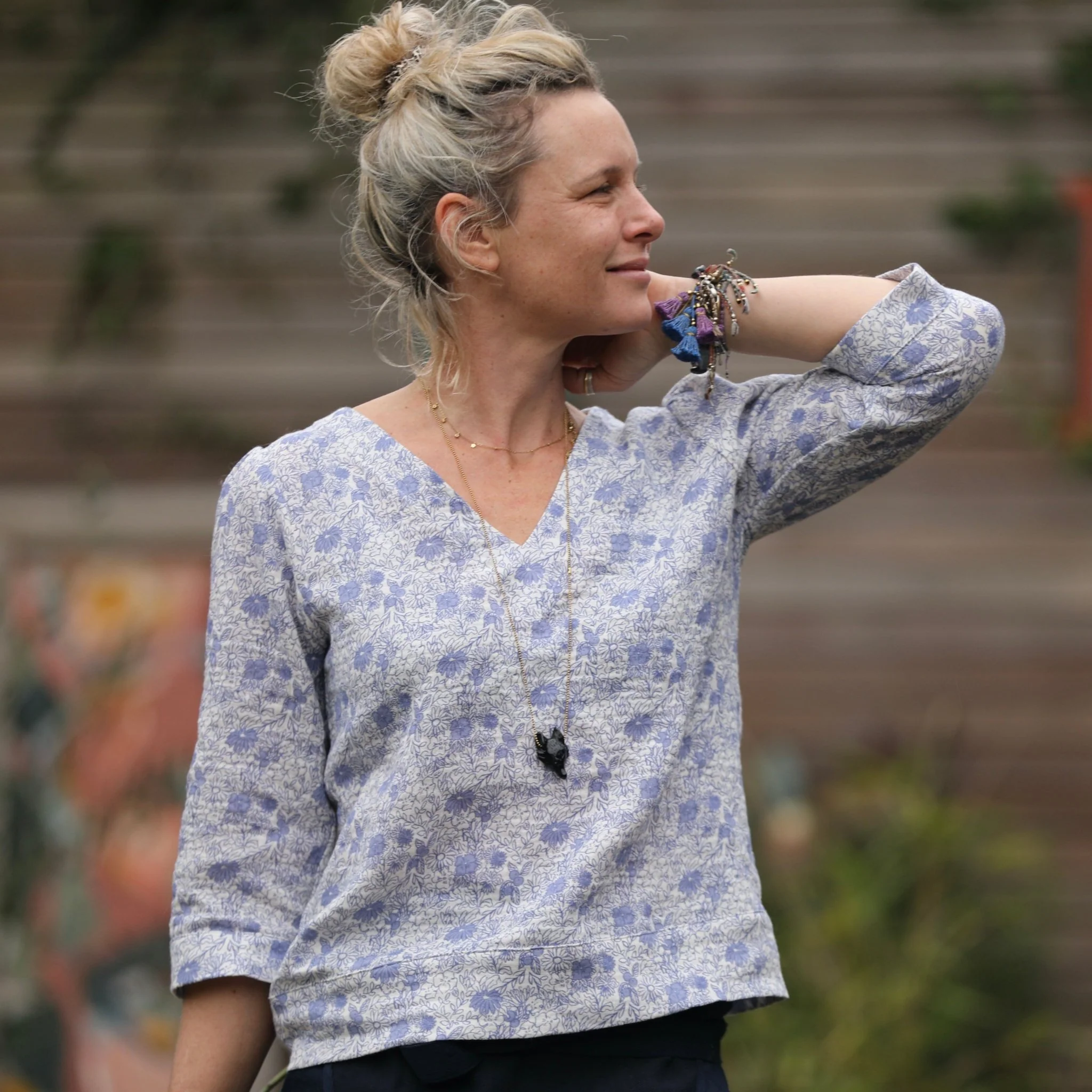 Blouse Eulalie col V - manches 3/4 - double gaze de coton chardon - Image 3