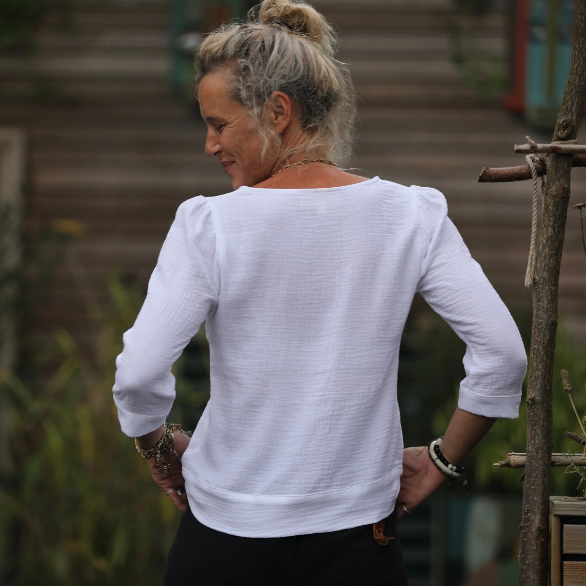 Blouse Eulalie col rond -  manches 3/4 - double gaze de coton blanche - Image 5