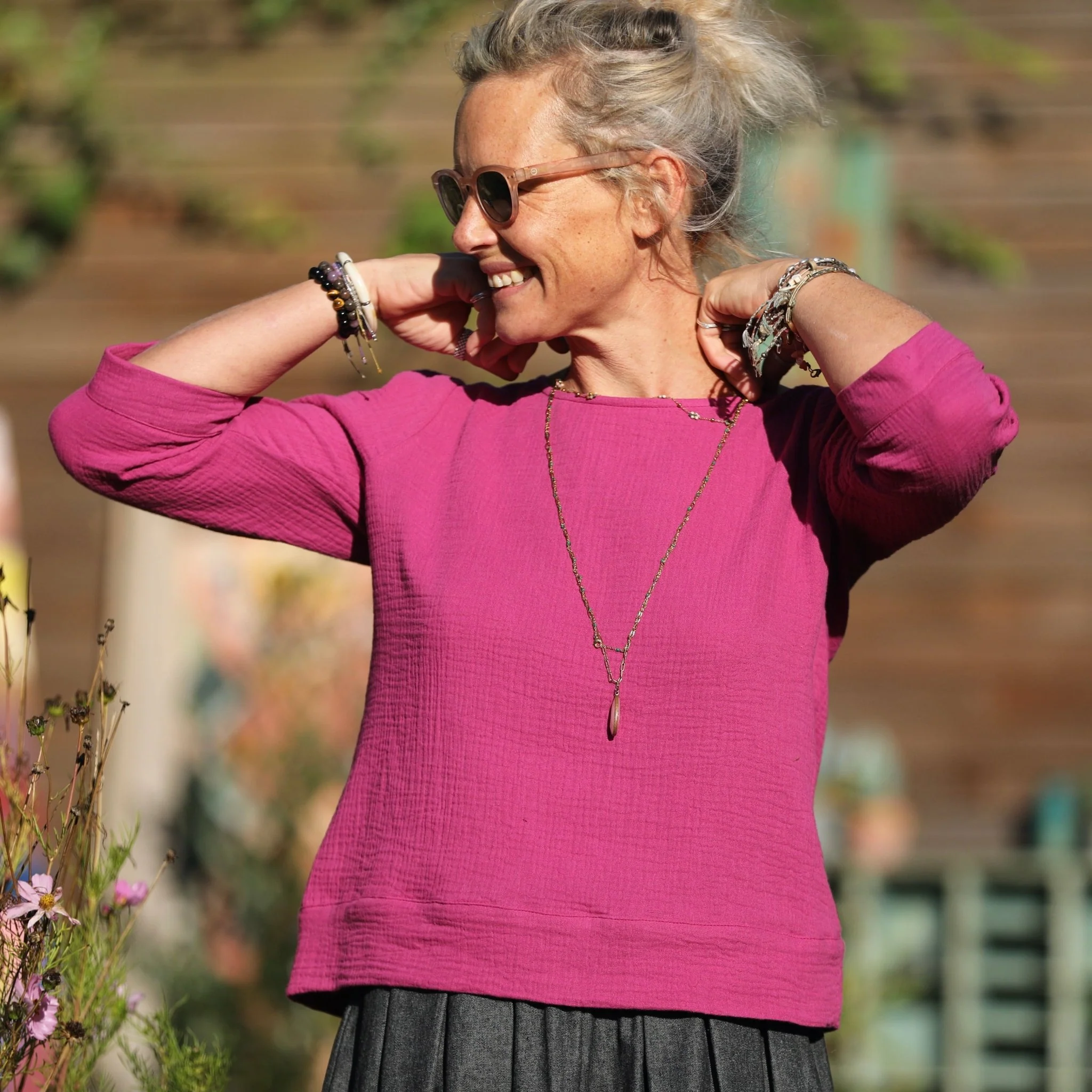 Blouse Eulalie col rond - manches 3/4 - double gaze de coton bougainvillier