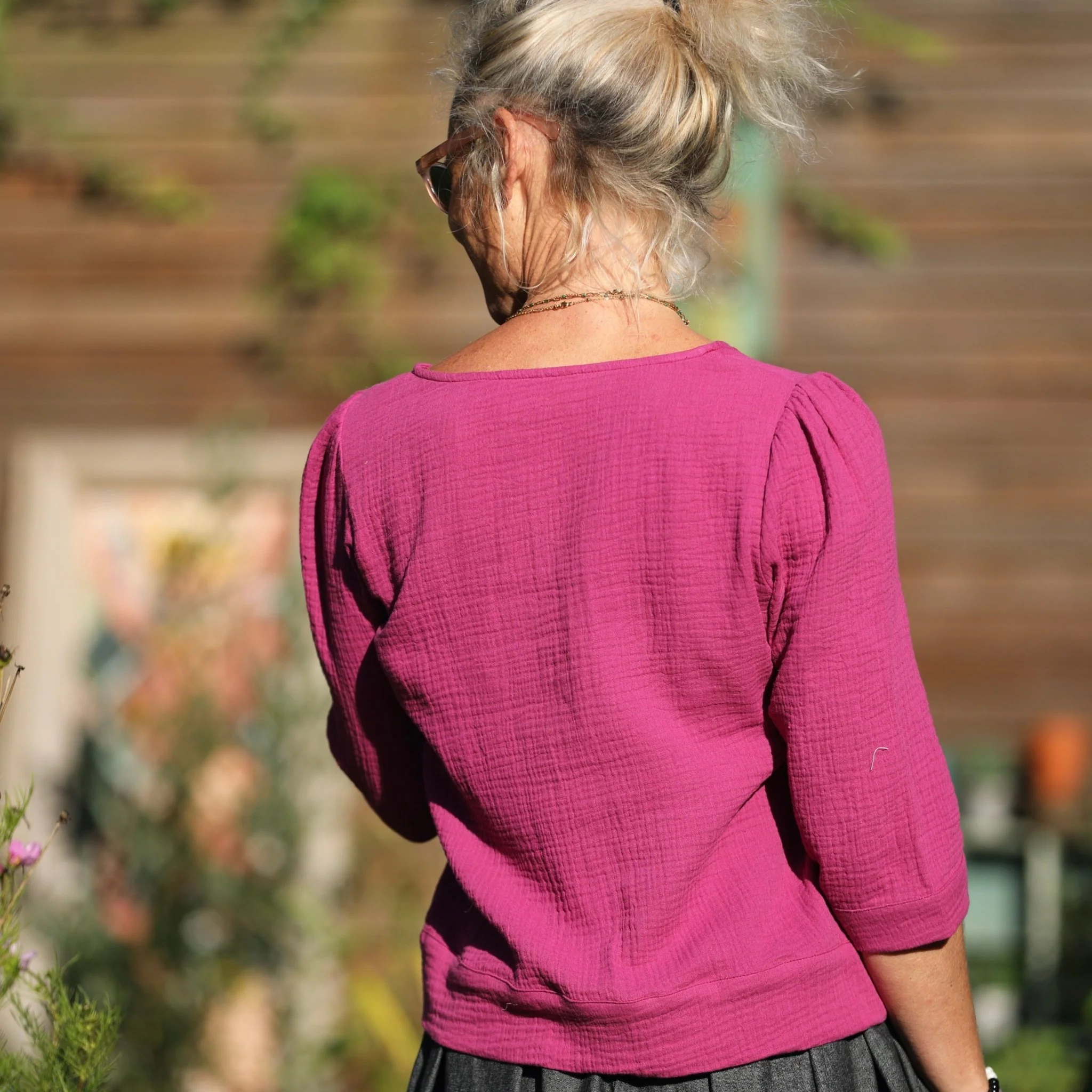 Blouse Eulalie col rond - manches 3/4 - double gaze de coton bougainvillier - Image 3