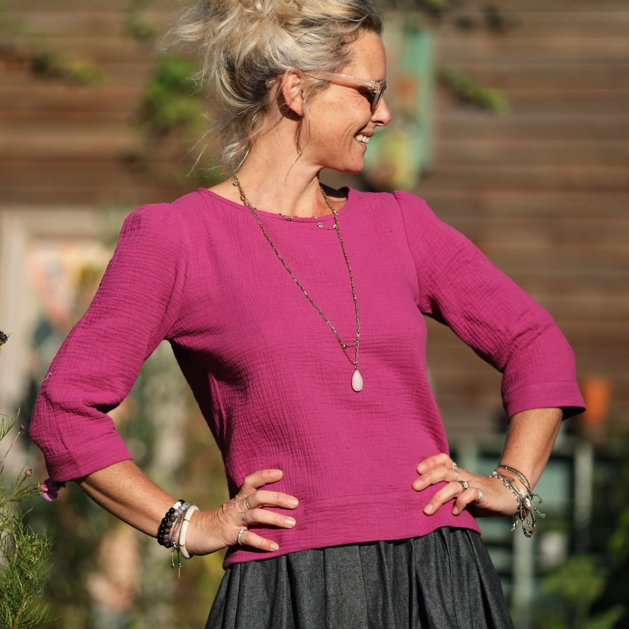 Blouse Eulalie col rond - manches 3/4 - double gaze de coton bougainvillier - Image 6