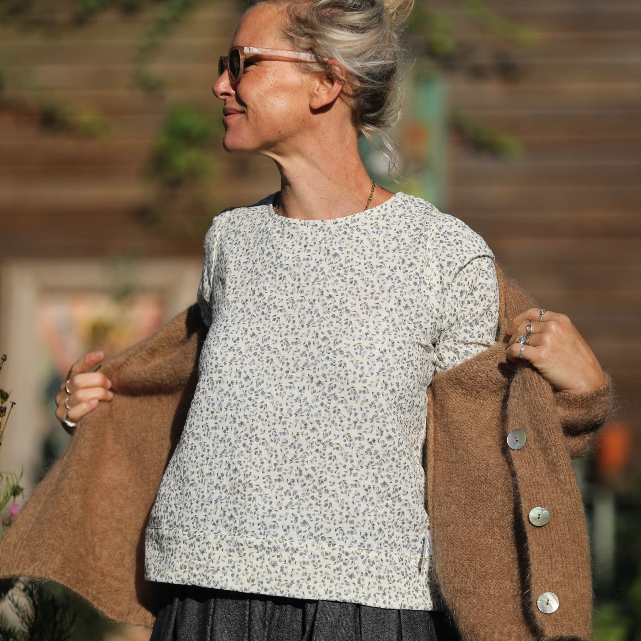 Blouse Eulalie col rond - manches 3/4 - double gaze de coton fleurie bleuet - Image 5