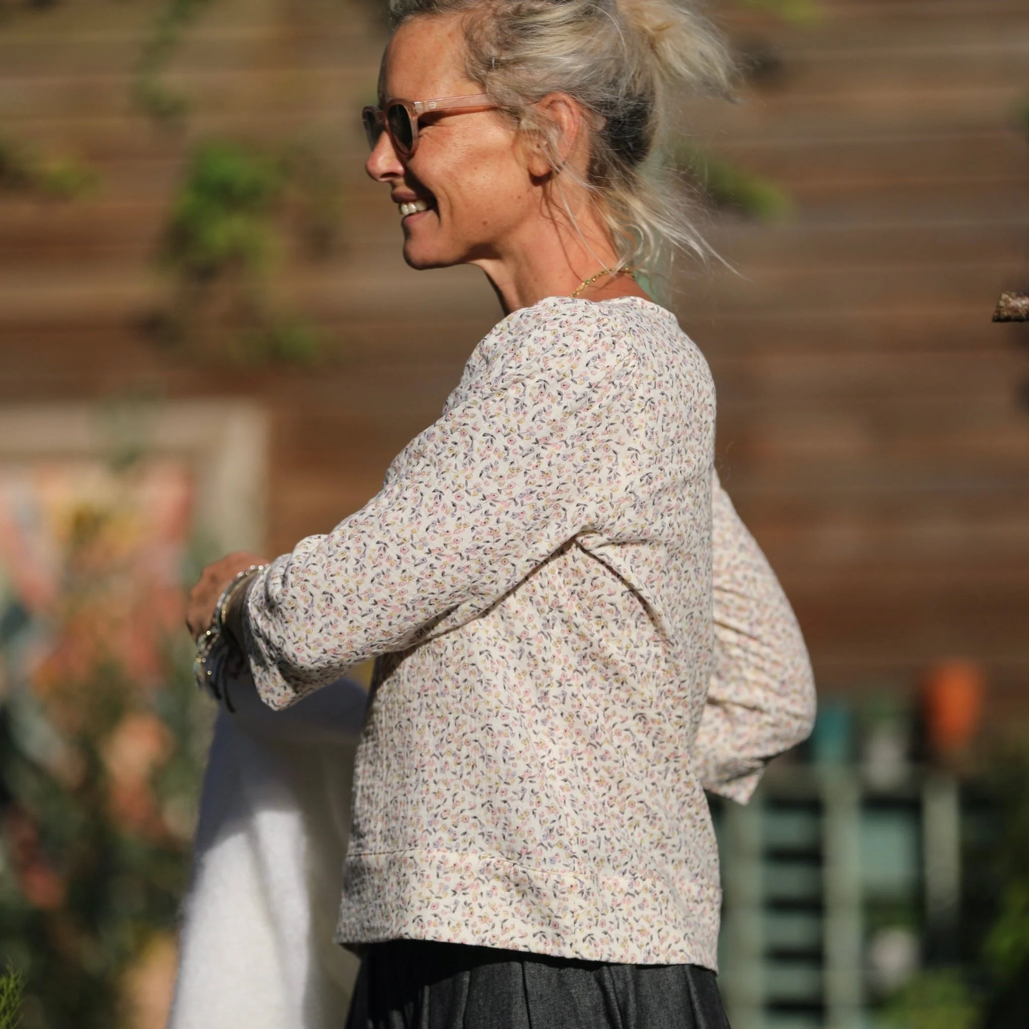 Blouse Eulalie col rond - manches 3/4 - double gaze de coton pois de senteur - Image 5