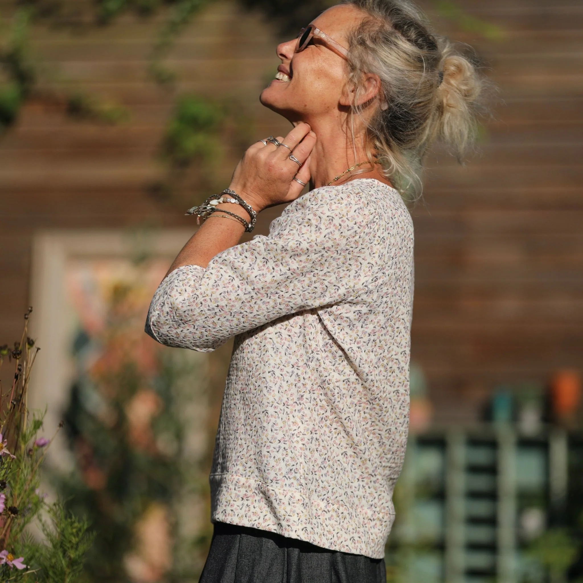 Blouse Eulalie col rond - manches 3/4 - double gaze de coton pois de senteur - Image 8