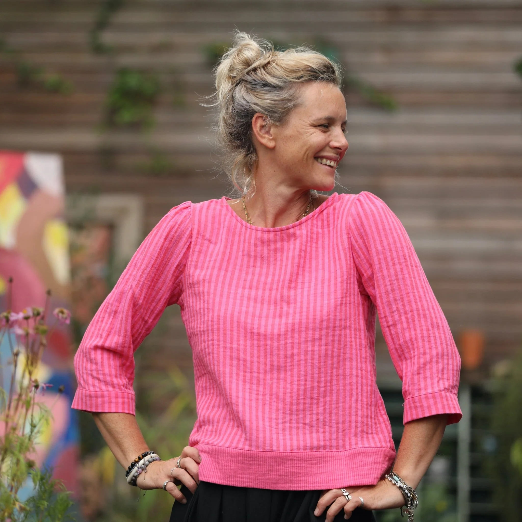 Blouse Eulalie col rond - manches 3/4 - double gaze de coton rayure fushia