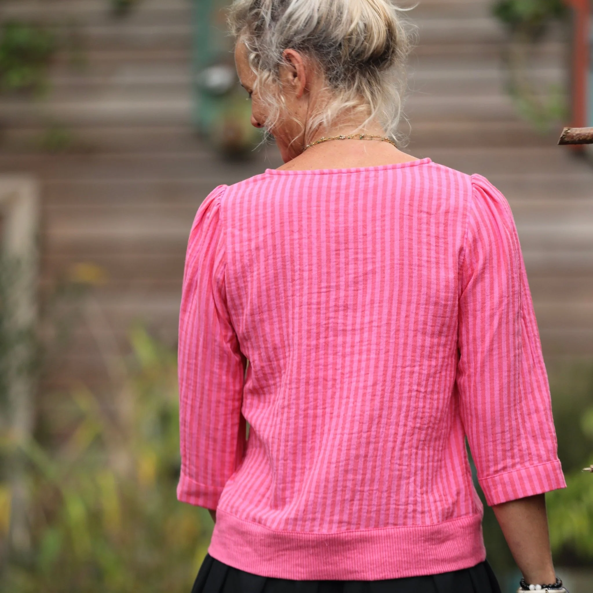 Blouse Eulalie col rond - manches 3/4 - double gaze de coton rayure fushia - Image 2