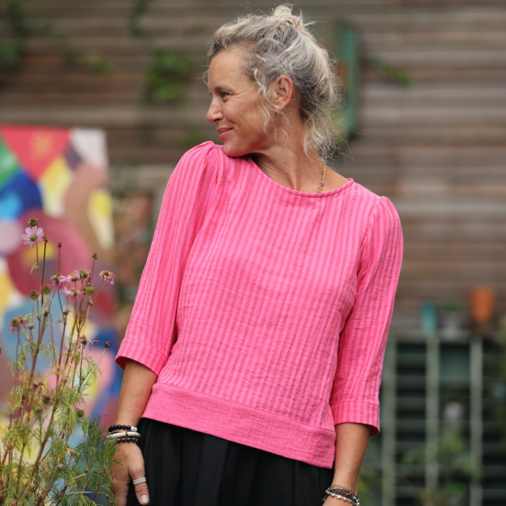Blouse Eulalie col rond - manches 3/4 - double gaze de coton rayure fushia - Image 3