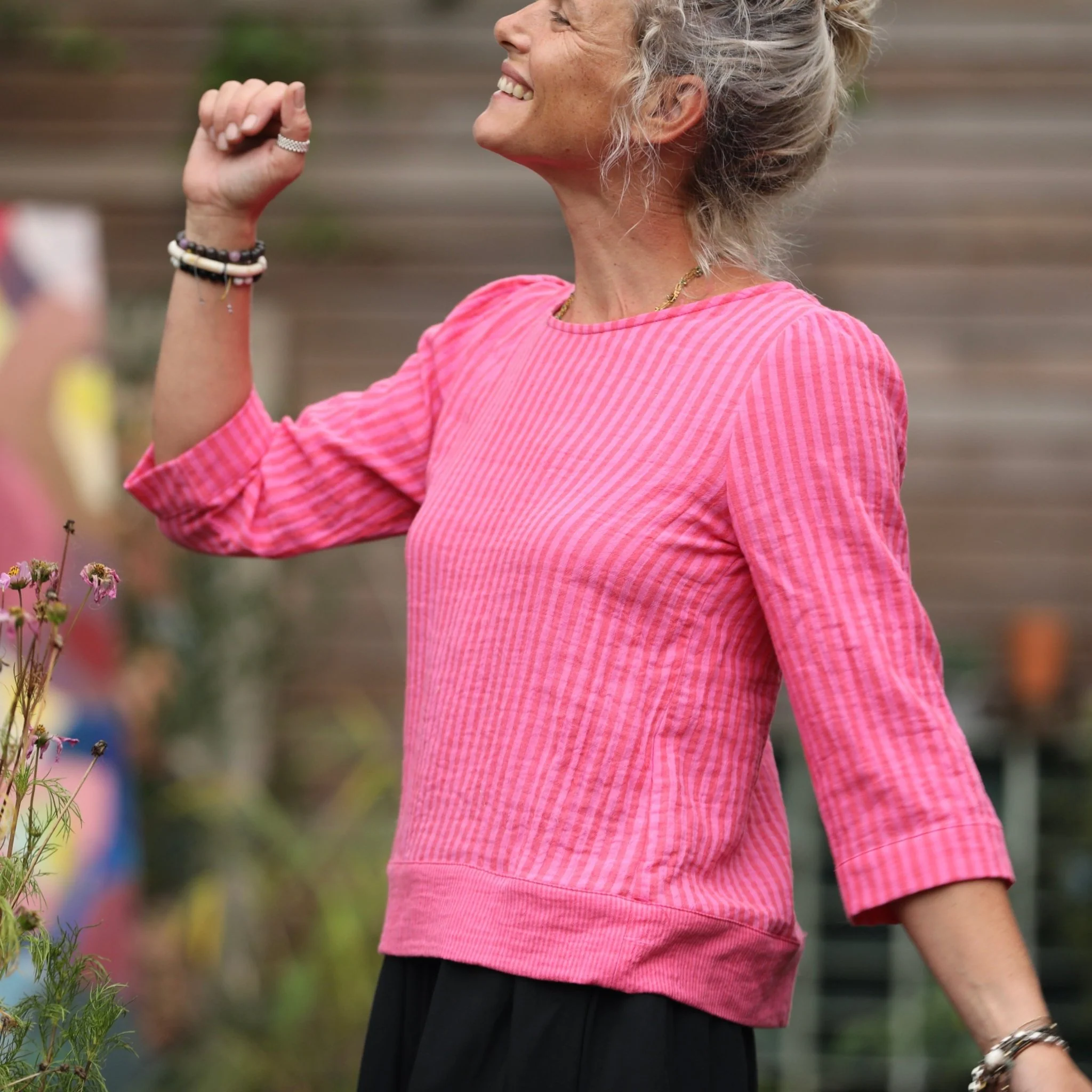 Blouse Eulalie col rond - manches 3/4 - double gaze de coton rayure fushia - Image 4