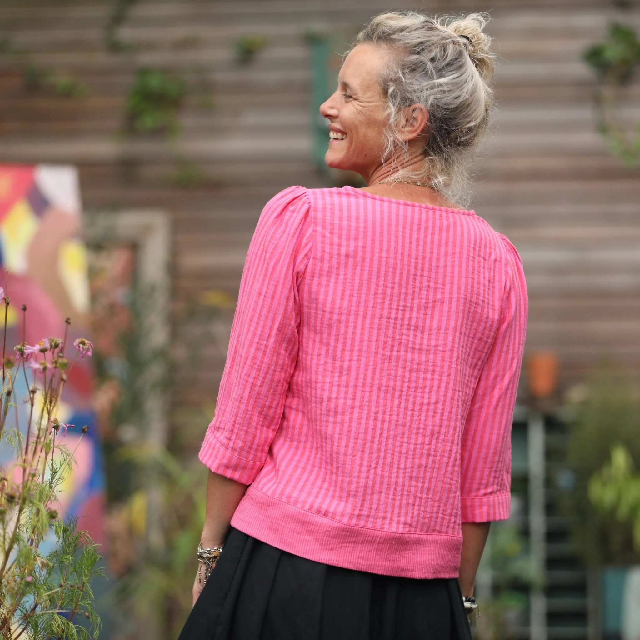 Blouse Eulalie col rond - manches 3/4 - double gaze de coton rayure fushia - Image 5