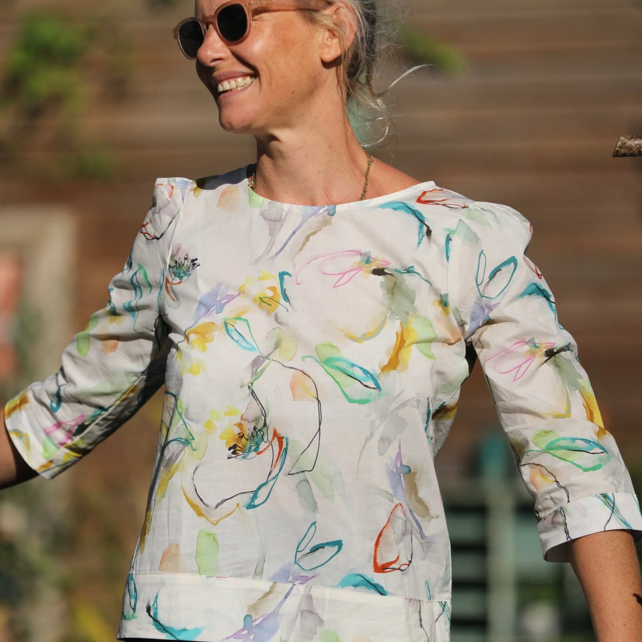 Blouse Eulalie col rond - manches 3/4 - voile de coton tableau fleuri - Image 8