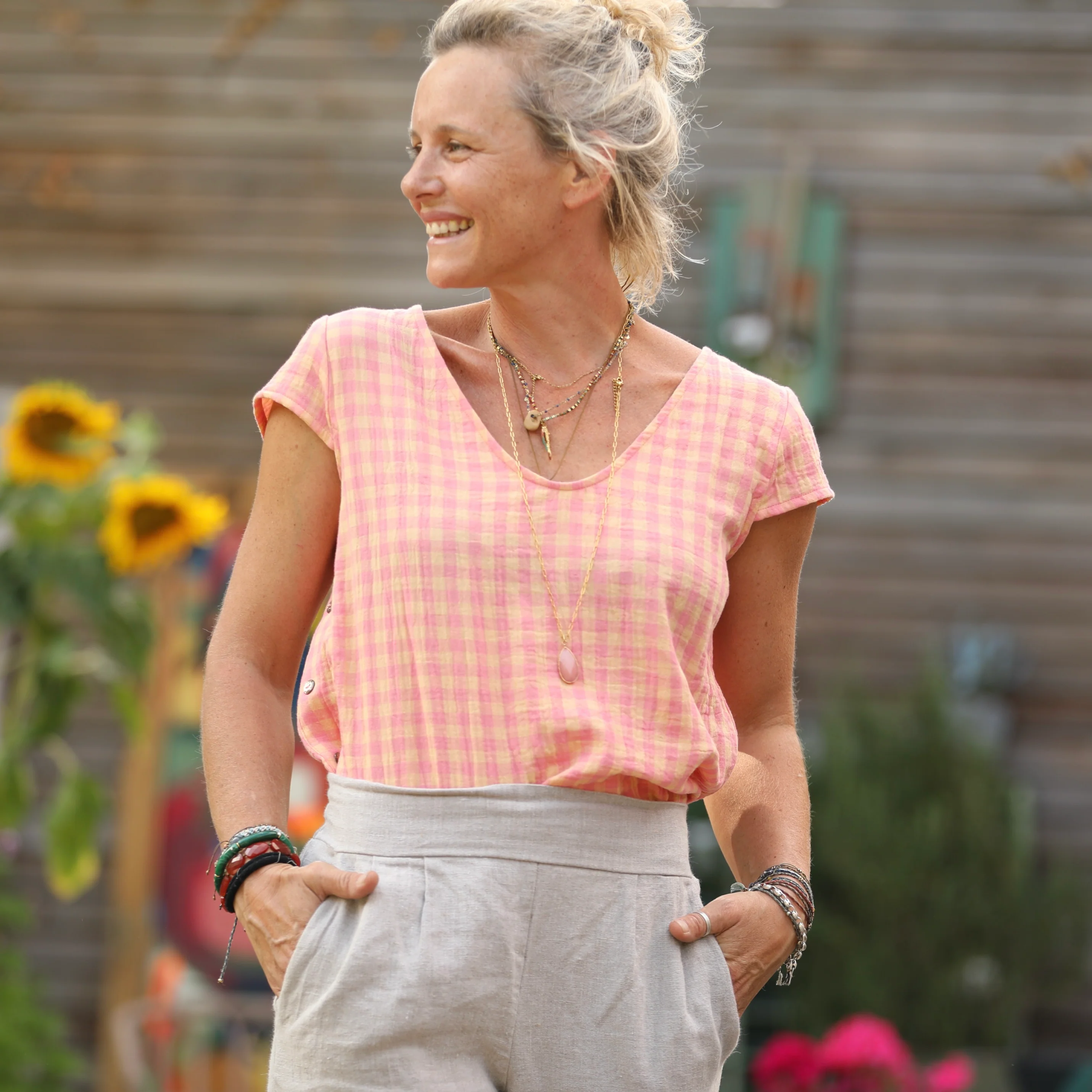 Blouse Sidonie double gaze de coton carreaux rose orangé - Image 15
