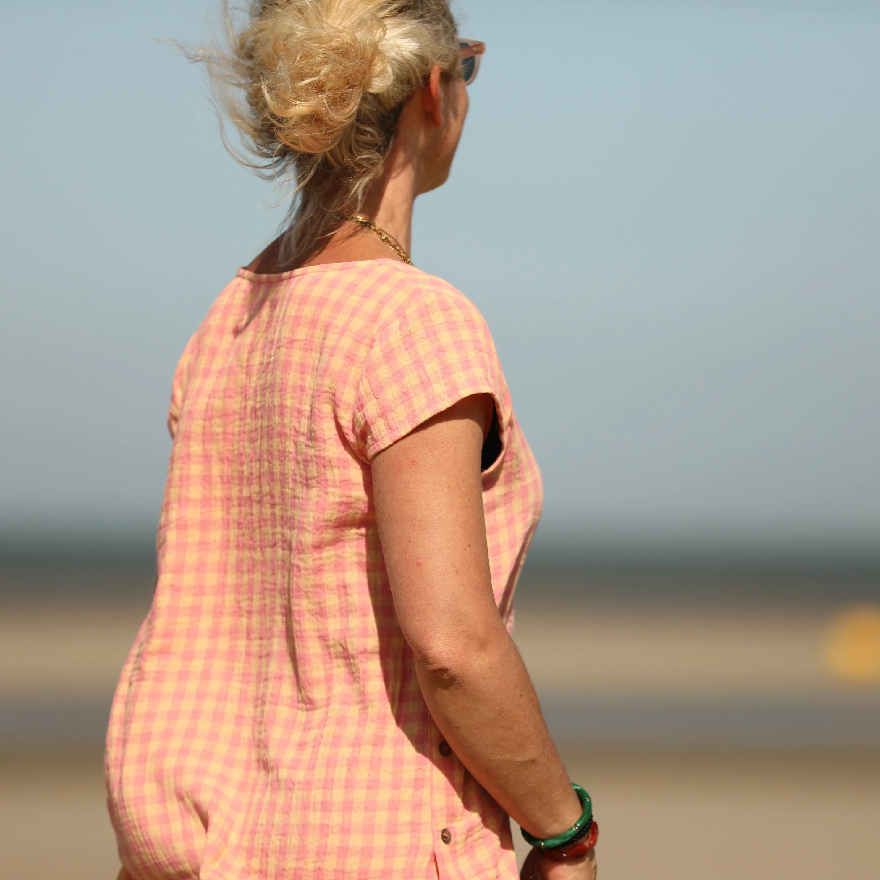 Blouse Sidonie double gaze de coton carreaux rose orangé - Image 6