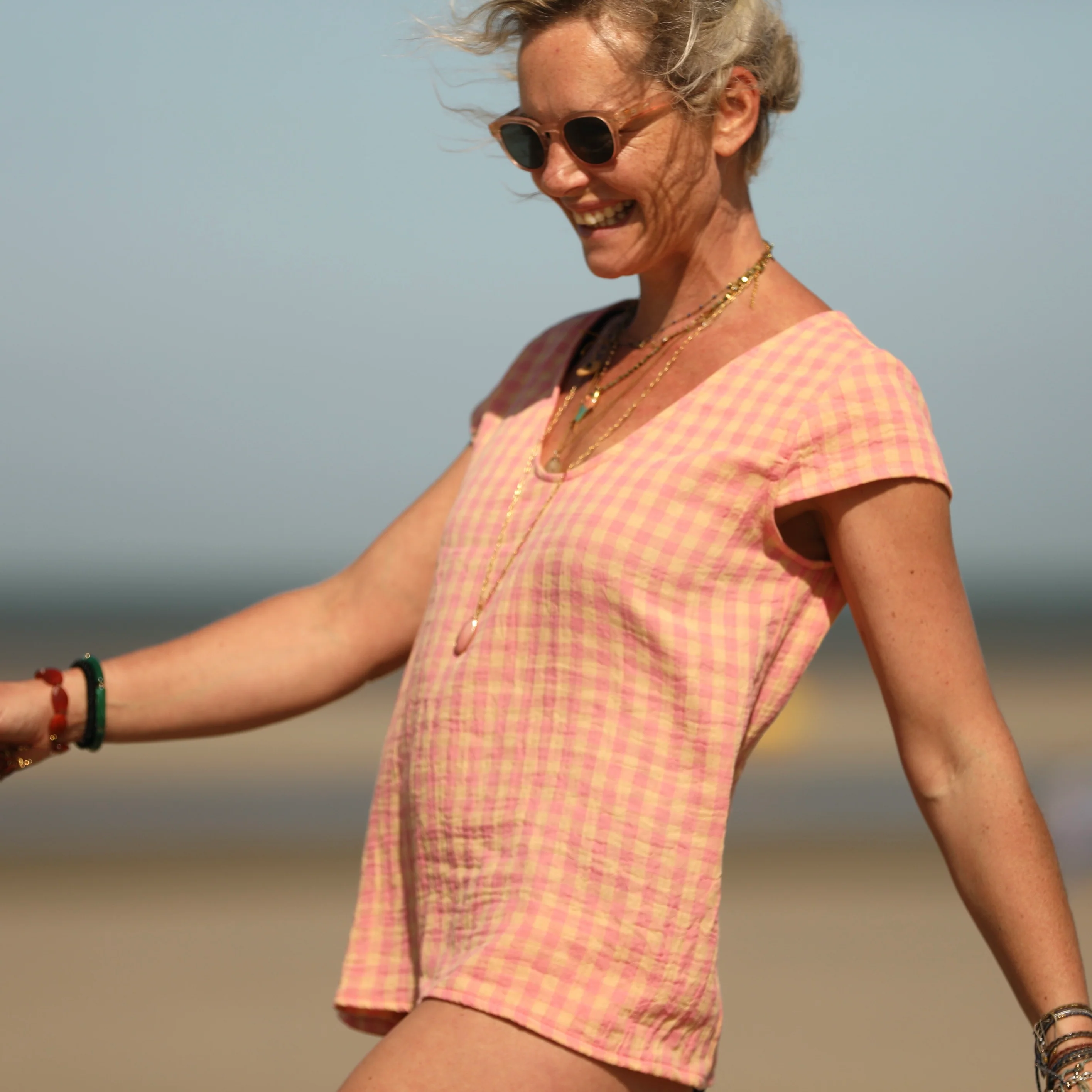 Blouse Sidonie double gaze de coton carreaux rose orangé - Image 8