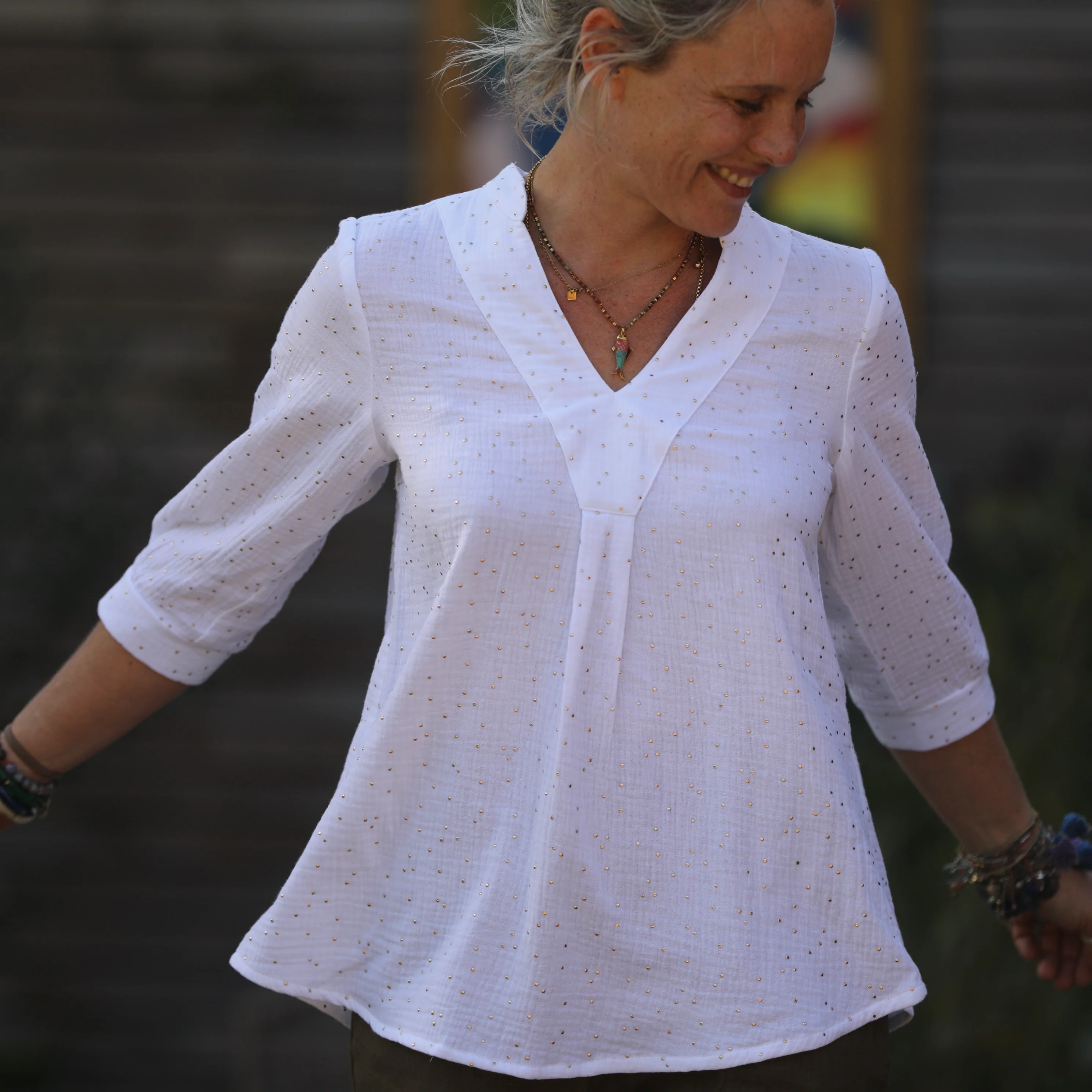 Blouse Isabeau - double gaze de coton blanche plumetis or - Image 6