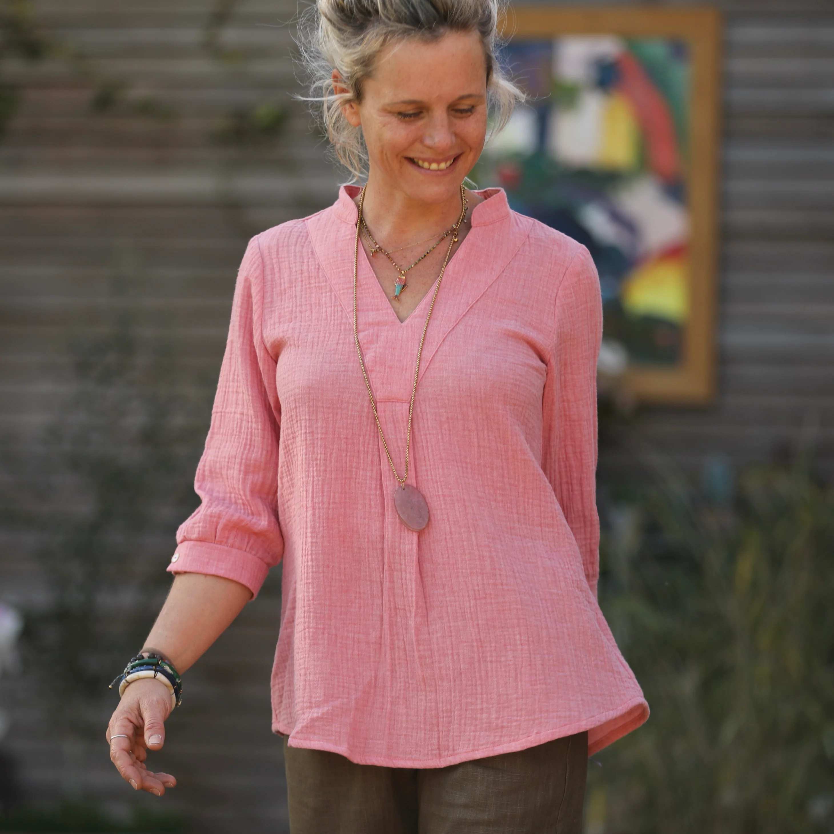 Blouse Isabeau - double gaze de coton chiné fraise - Image 3