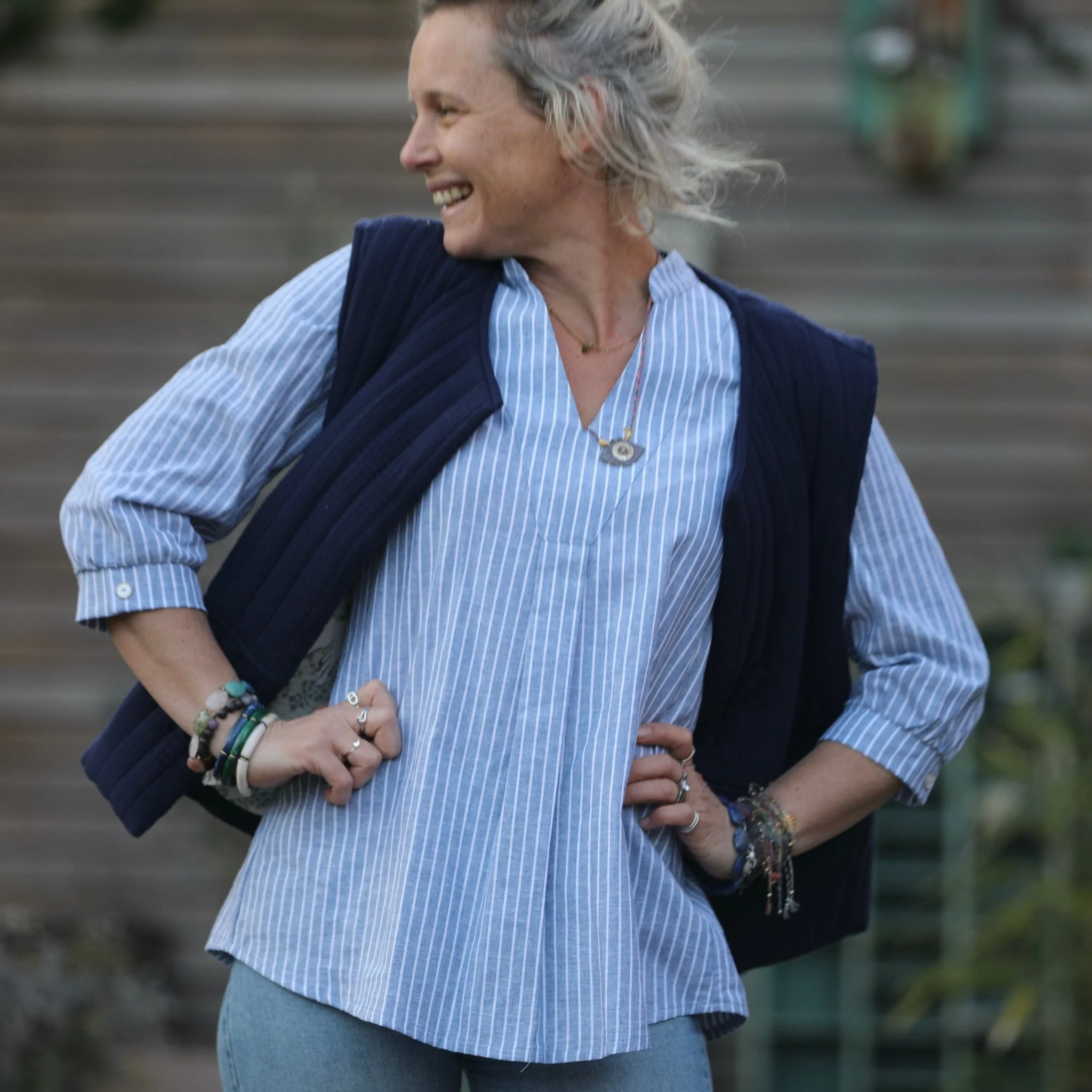 Blouse Isabeau - coton/lin rayé bleu - Image 6