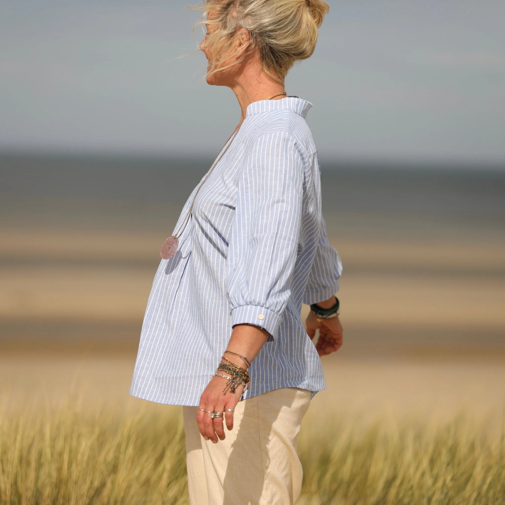 Blouse Isabeau - lin/coton rayé bleu lumineux - Image 5