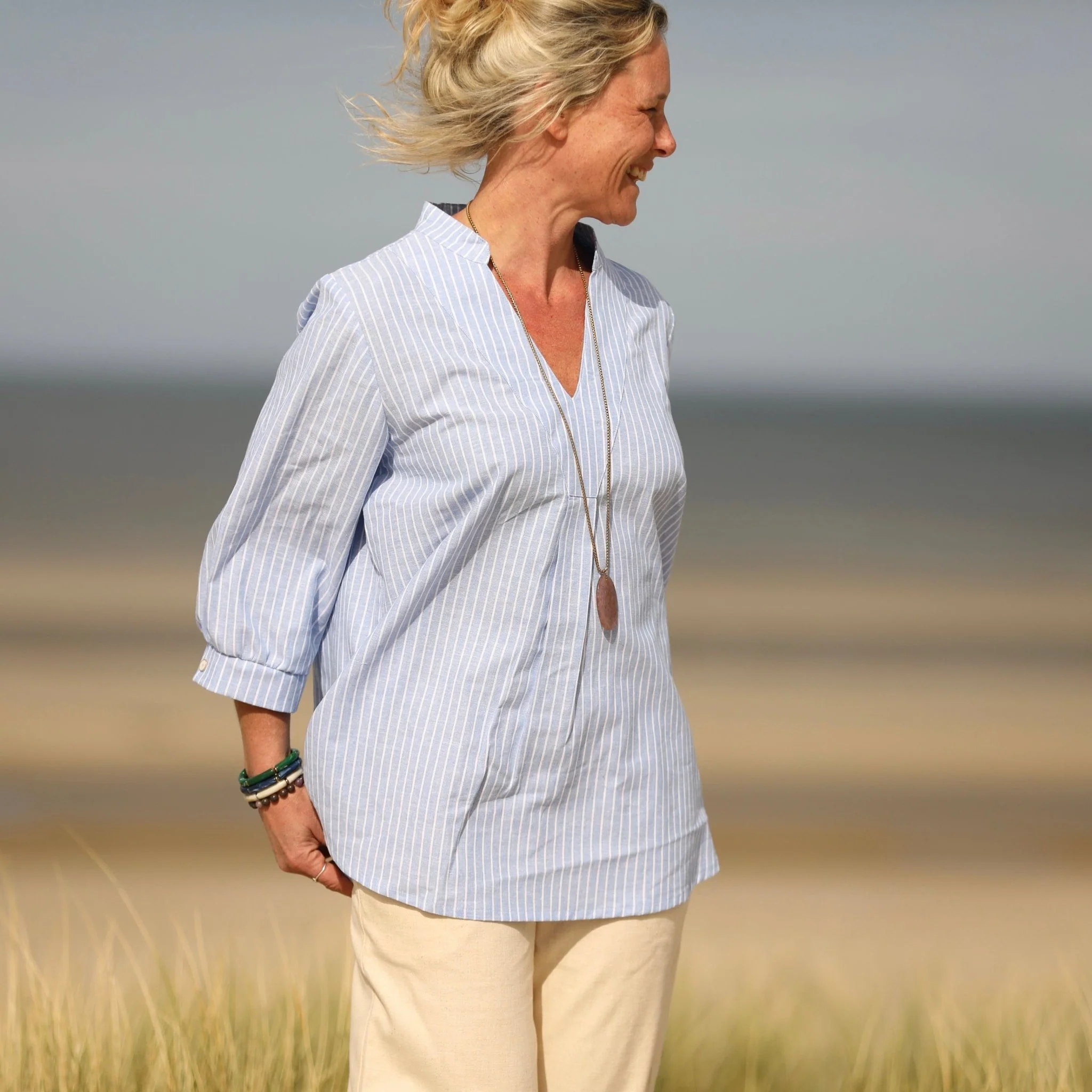 Blouse Isabeau - lin/coton rayé bleu lumineux - Image 6