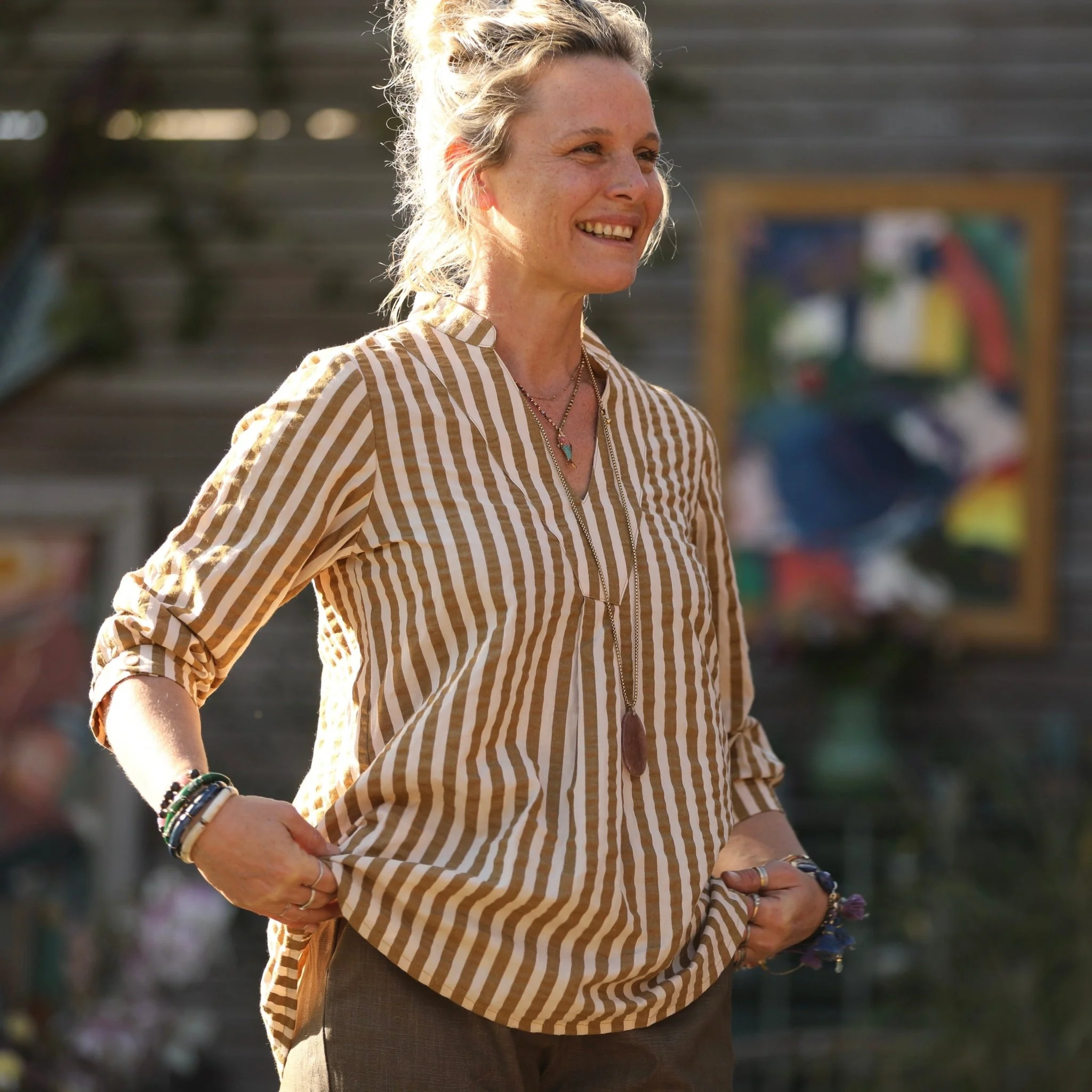 Blouse Isabeau - seersucker large rayure ivoire/camel