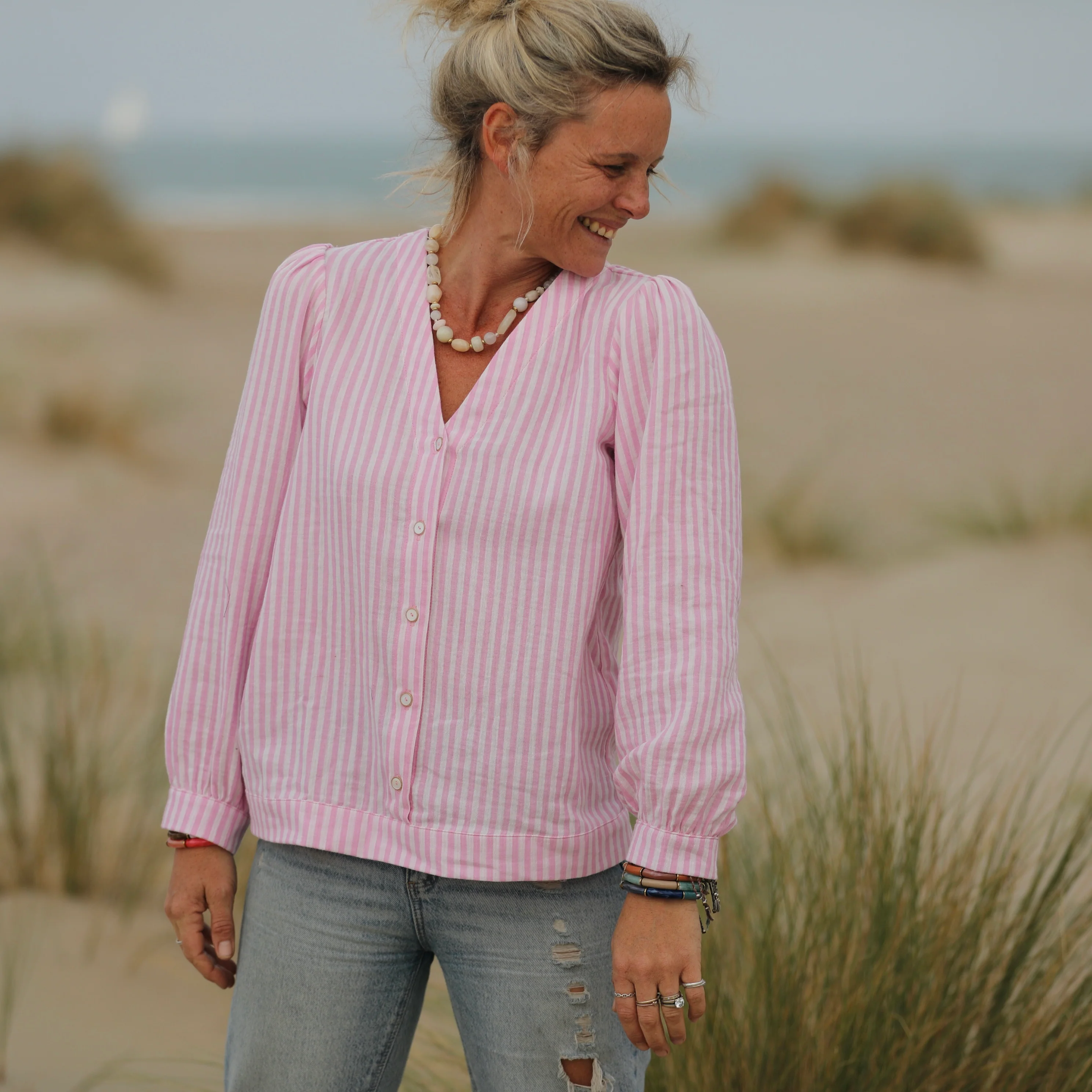 Blouse Léocadie - double gaze de coton rayée rose/blanc