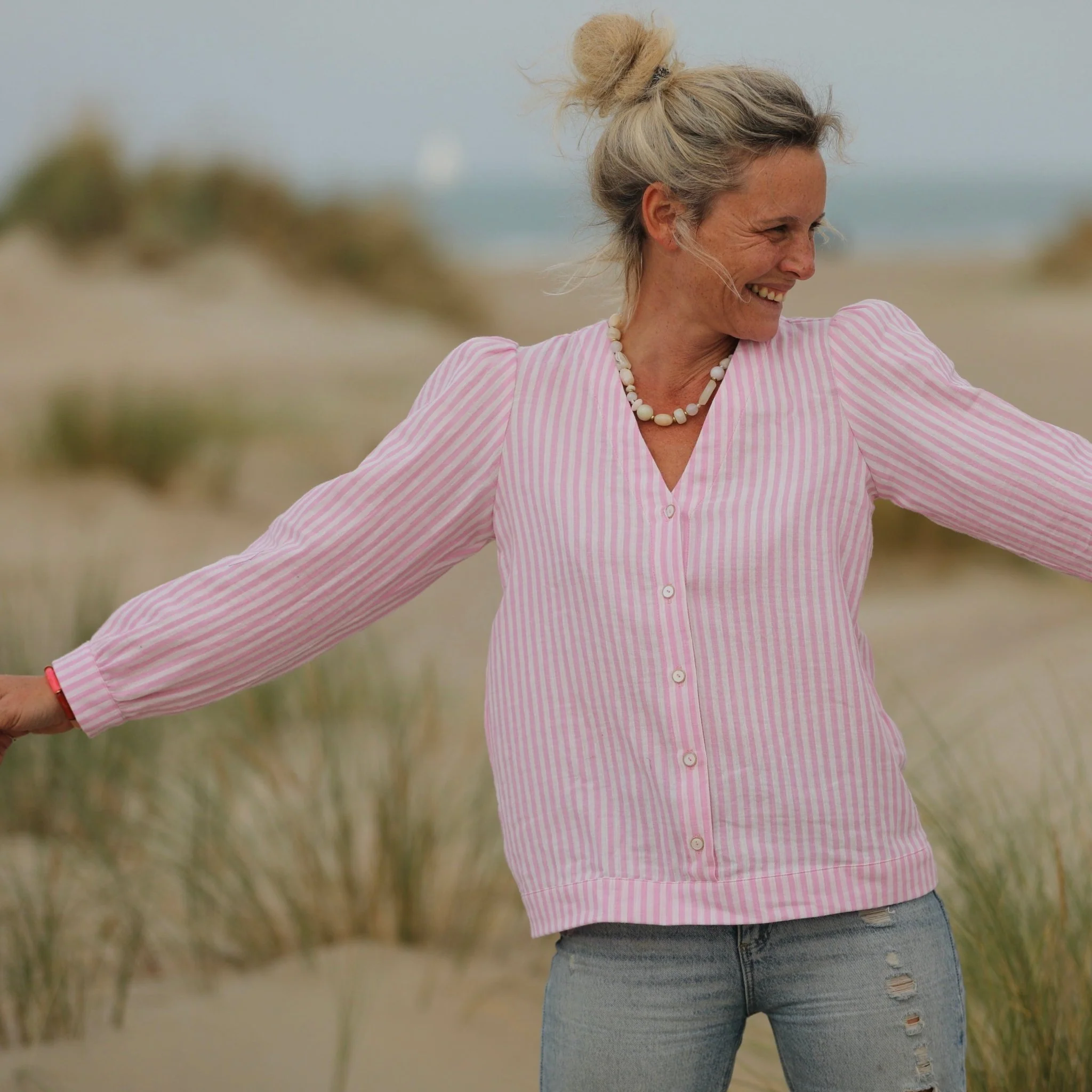 Blouse Léocadie - double gaze de coton rayée rose/blanc - Image 6