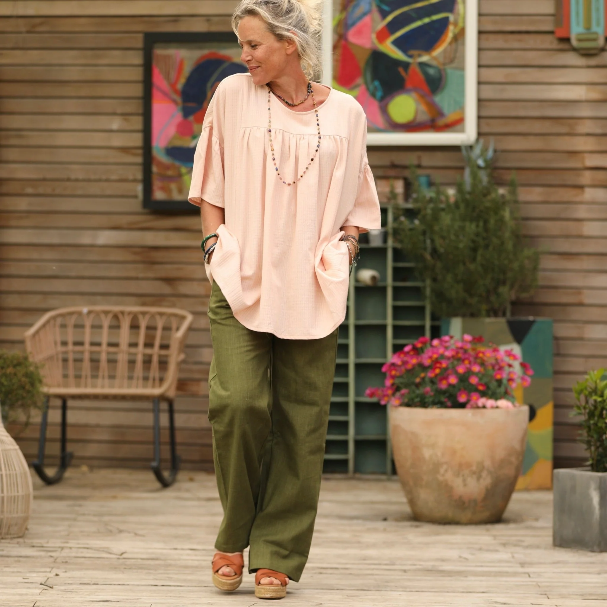 Blouse Léopoldine -  armuré de coton rose poudré - Image 3