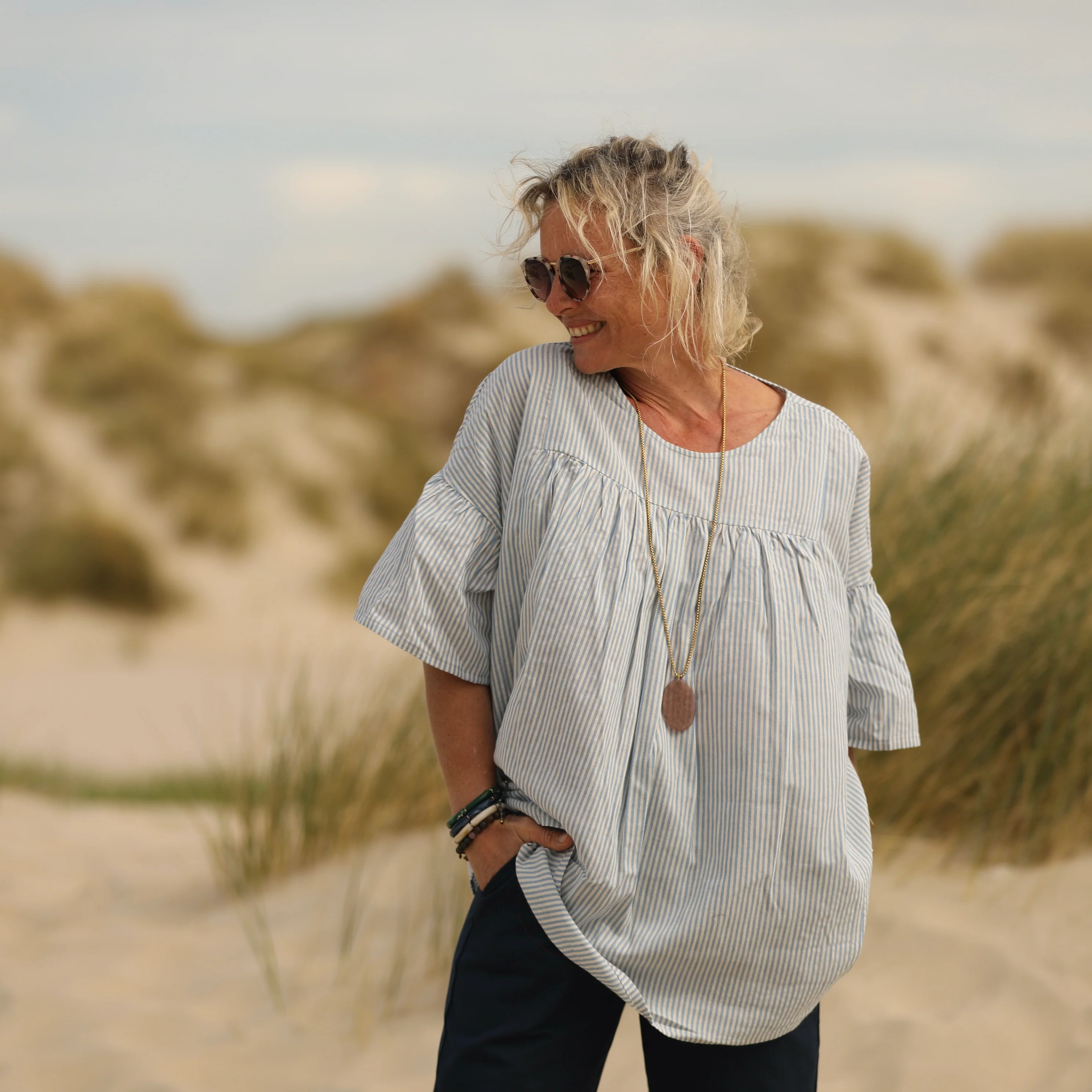 Blouse Léopoldine - coton léger rayé bleu - Image 8