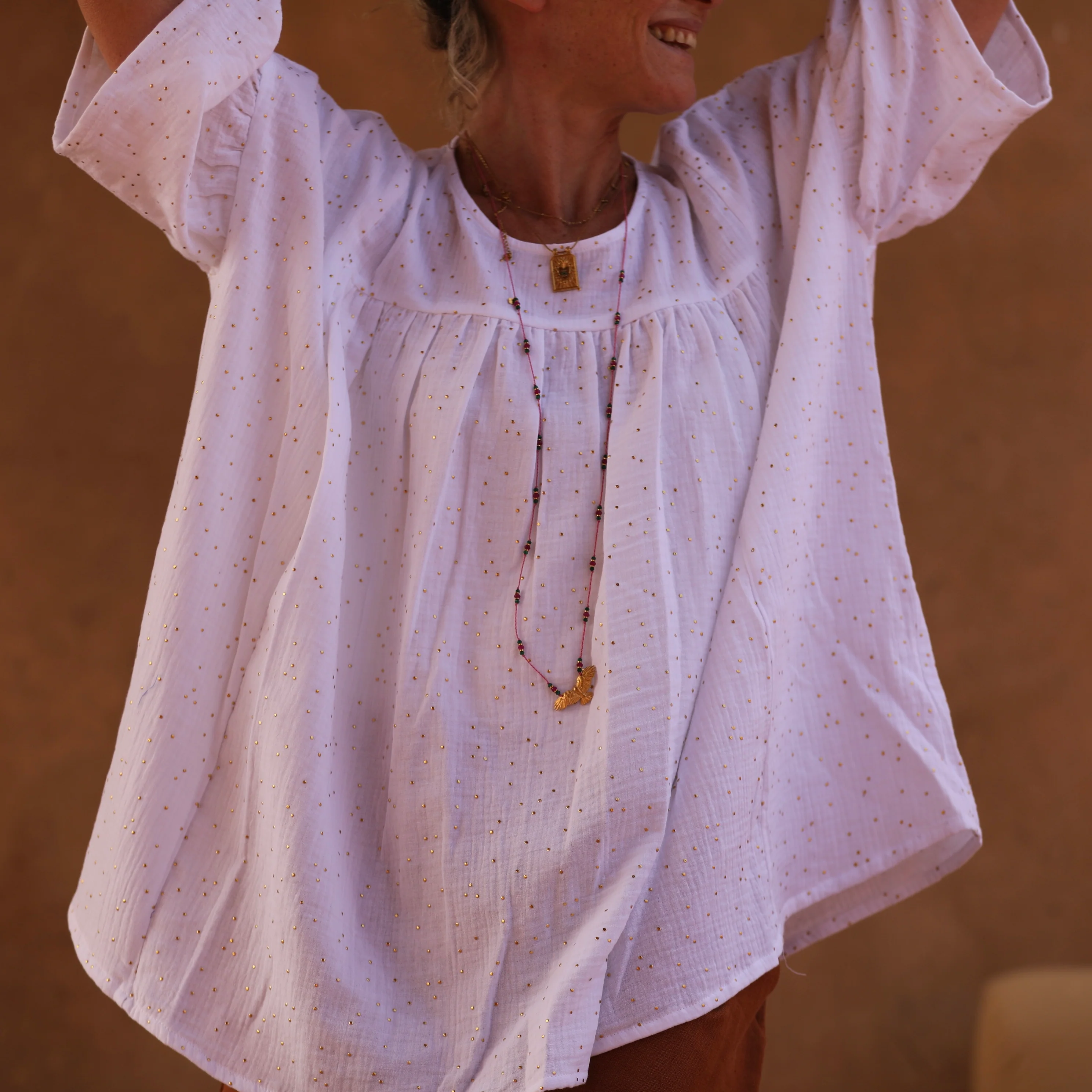 Blouse Léopoldine - double gaze de coton blanche plumetis or