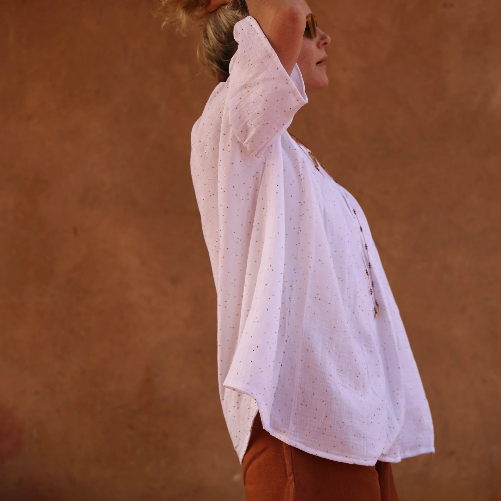 Blouse Léopoldine - double gaze de coton blanche plumetis or - Image 3
