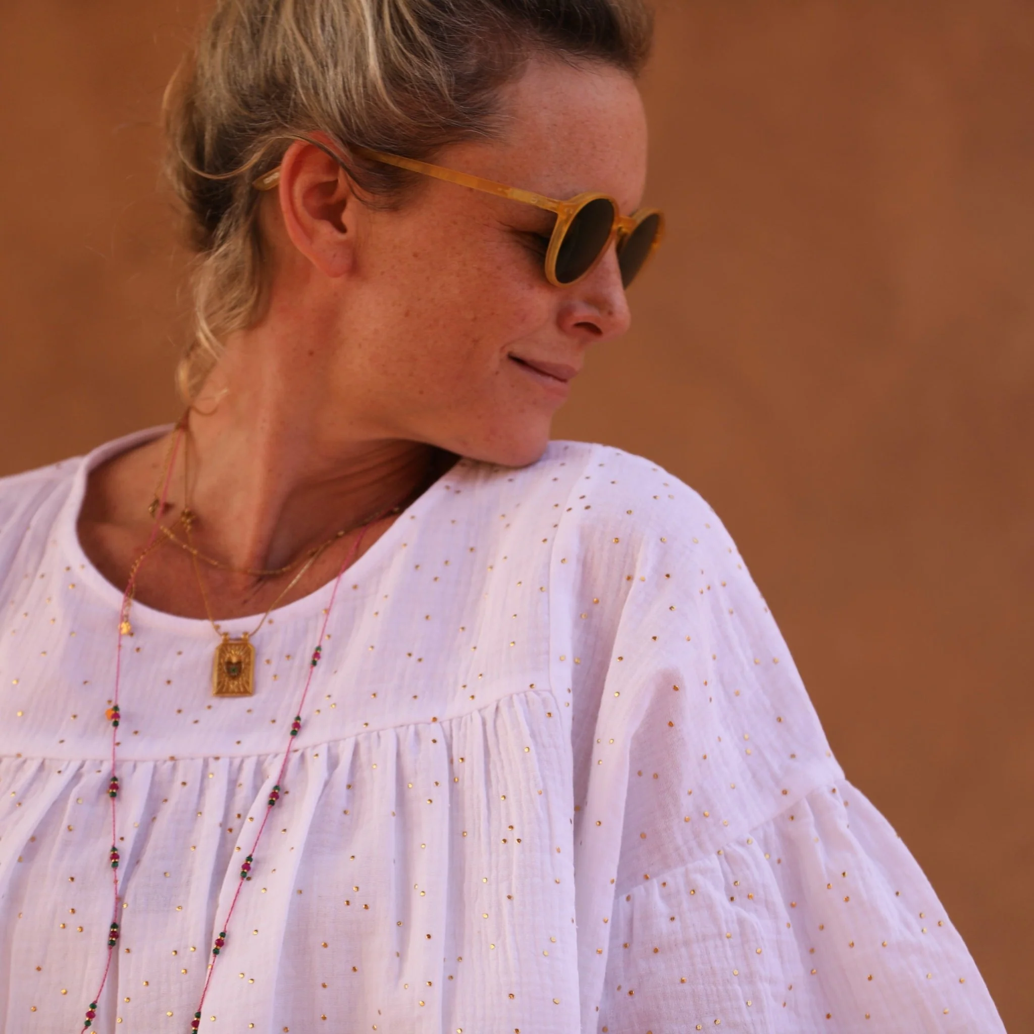 Blouse Léopoldine - double gaze de coton blanche plumetis or - Image 4