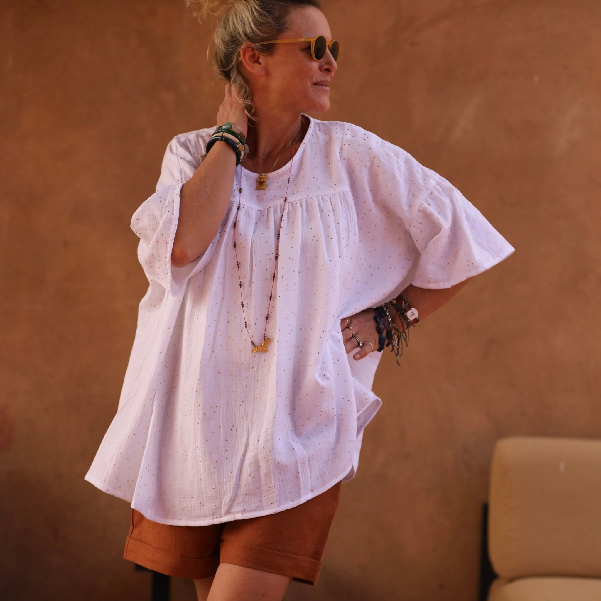 Blouse Léopoldine - double gaze de coton blanche plumetis or - Image 5
