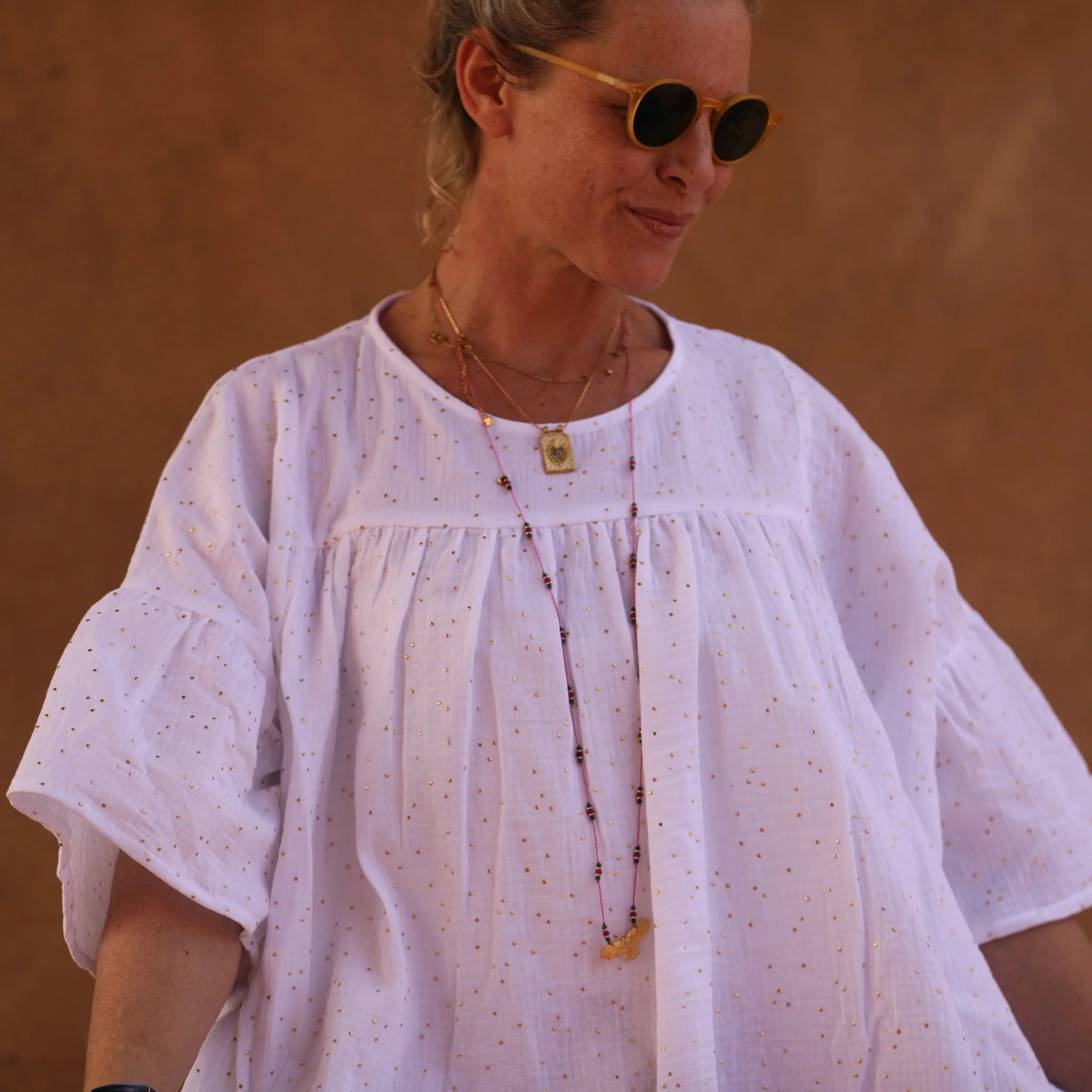 Blouse Léopoldine - double gaze de coton blanche plumetis or - Image 8