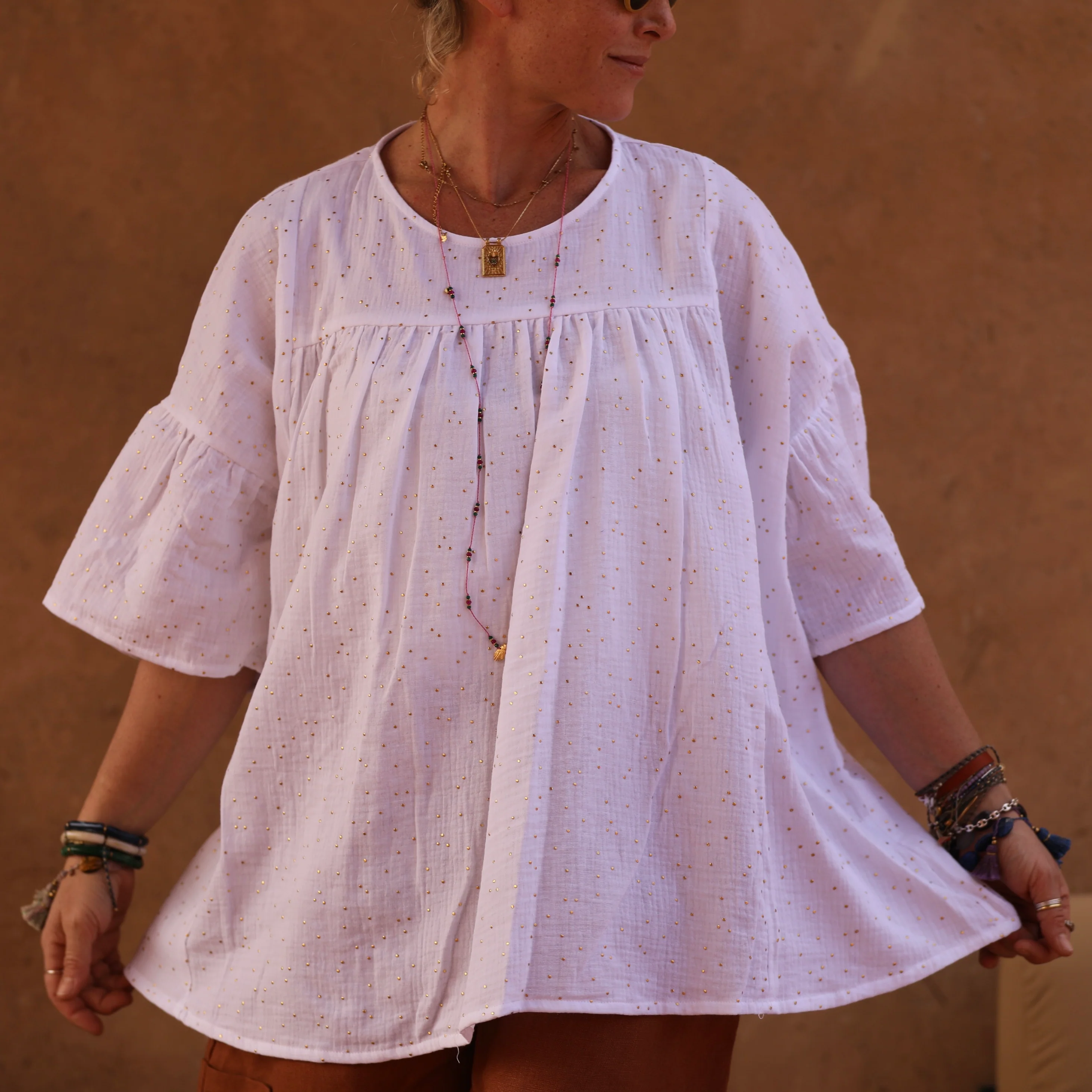 Blouse Léopoldine - double gaze de coton blanche plumetis or - Image 9