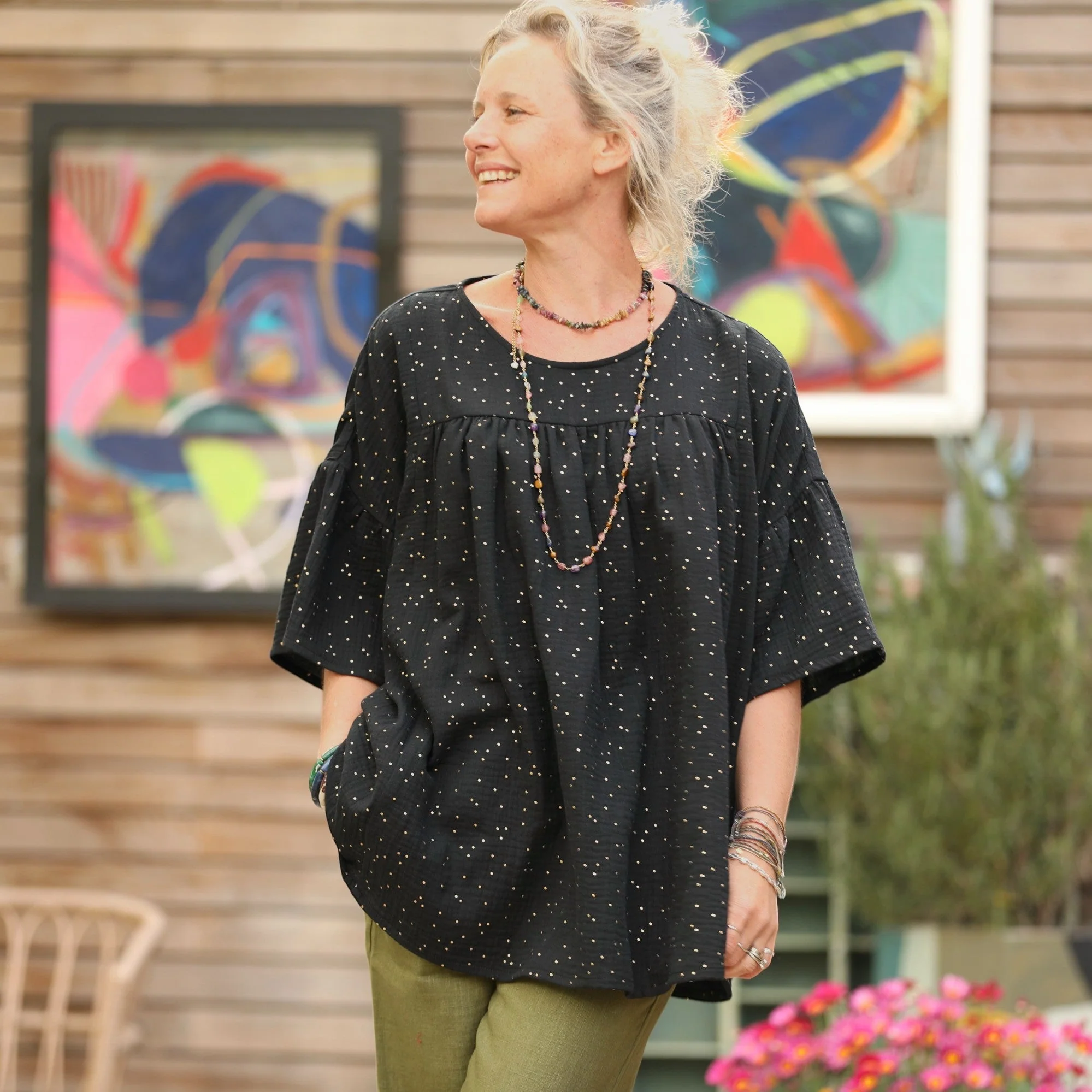 Blouse Léopoldine - double gaze de coton noire plumetis or